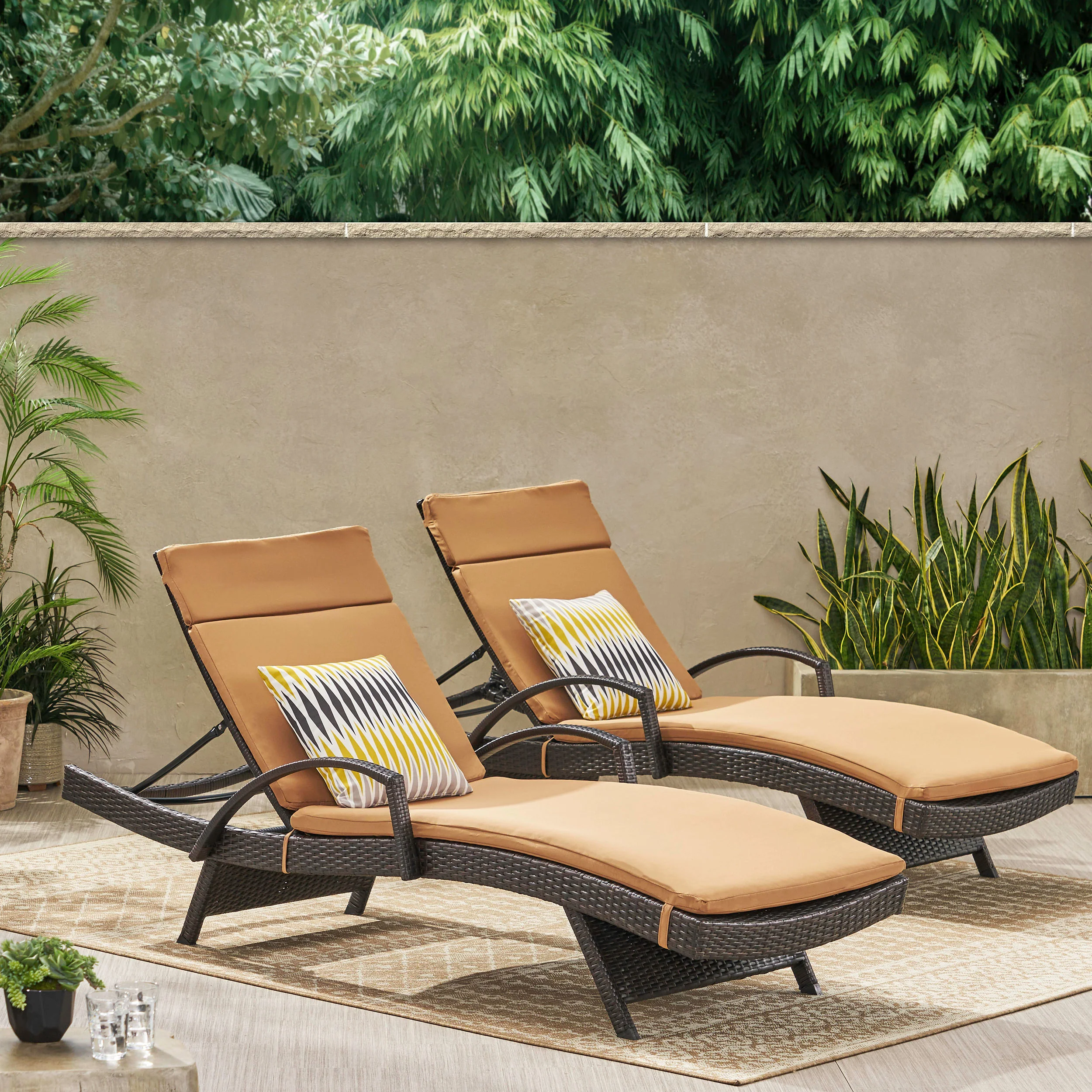 Lakeport Outdoor Wicker Armed Chaise Lounge Chairs w/ Cushions (set of 2) - furnishings
