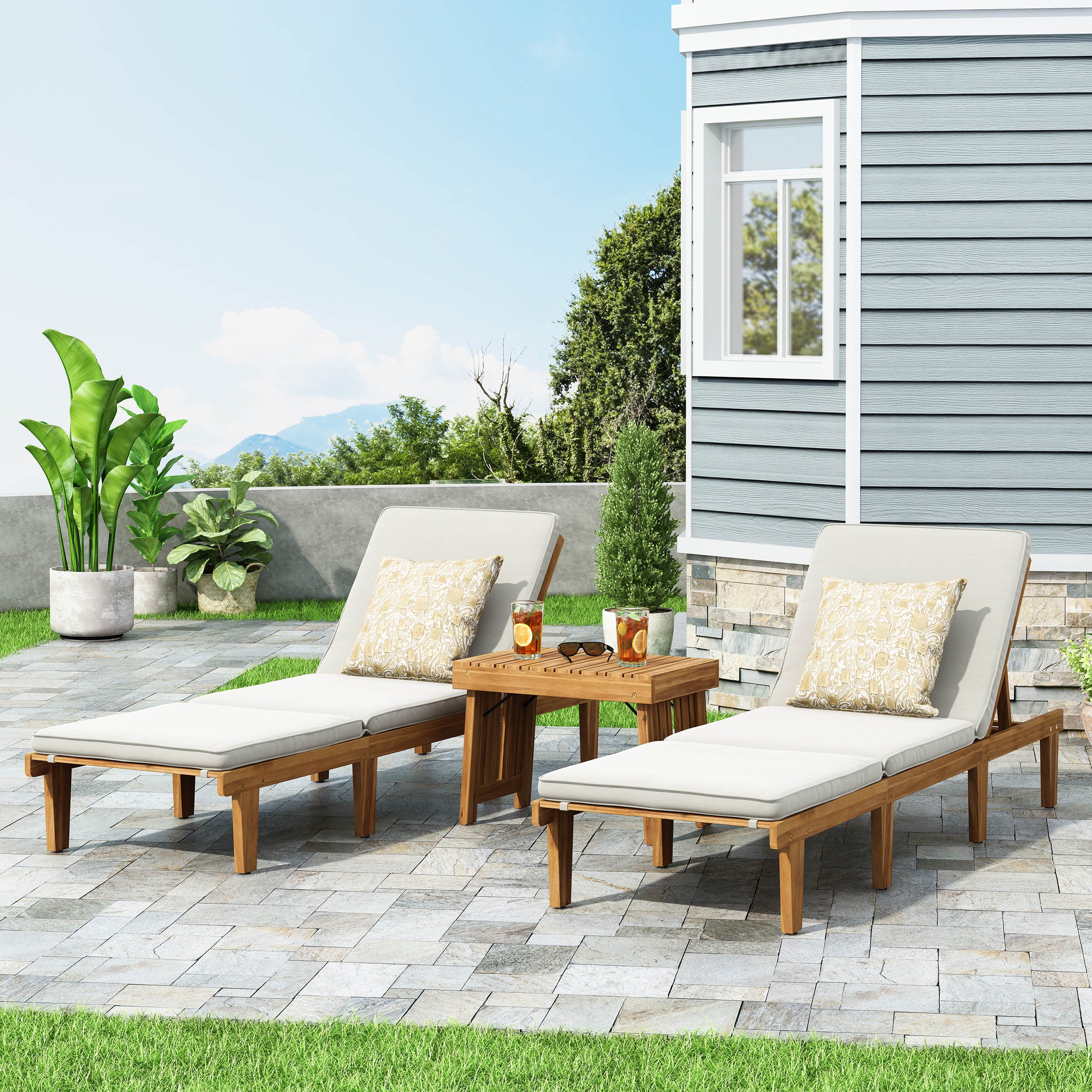 Paolo Outdoor Acacia Wood 3 Piece Chaise Lounge Set with Water-Resistant Cushions - furnishings