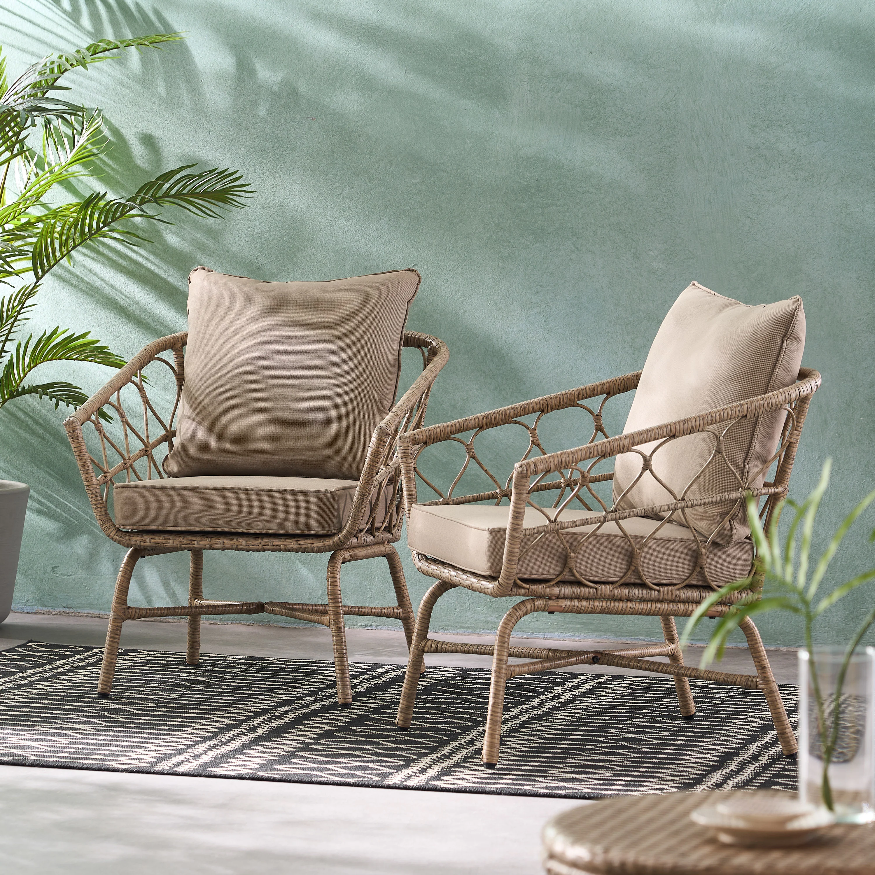 Colmar Outdoor Wicker Club Chairs with Cushions, Set of 2, Light Brown and Beige - furnishings