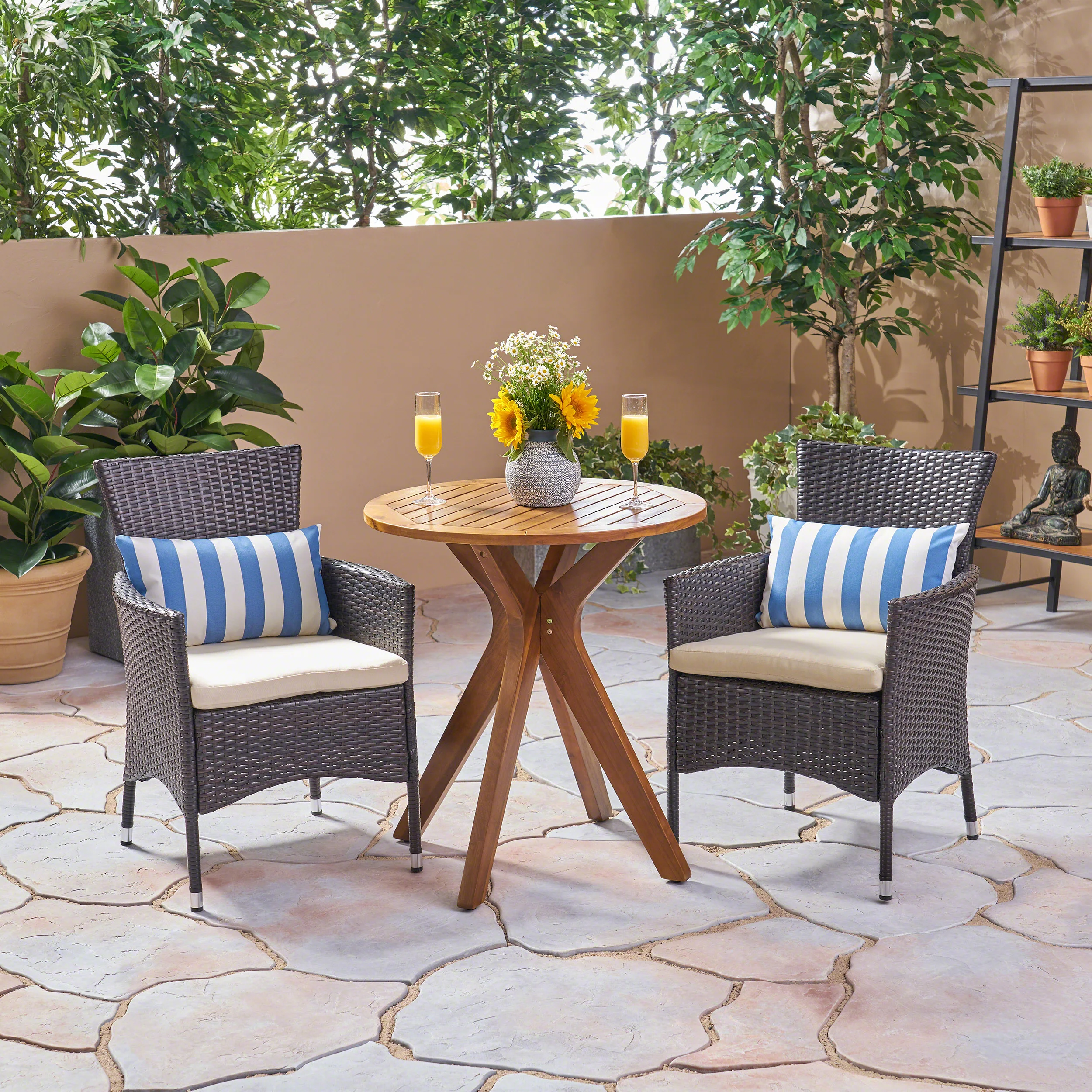 Poe Outdoor 3 Piece Acacia Wood and Wicker Bistro Set - furnishings