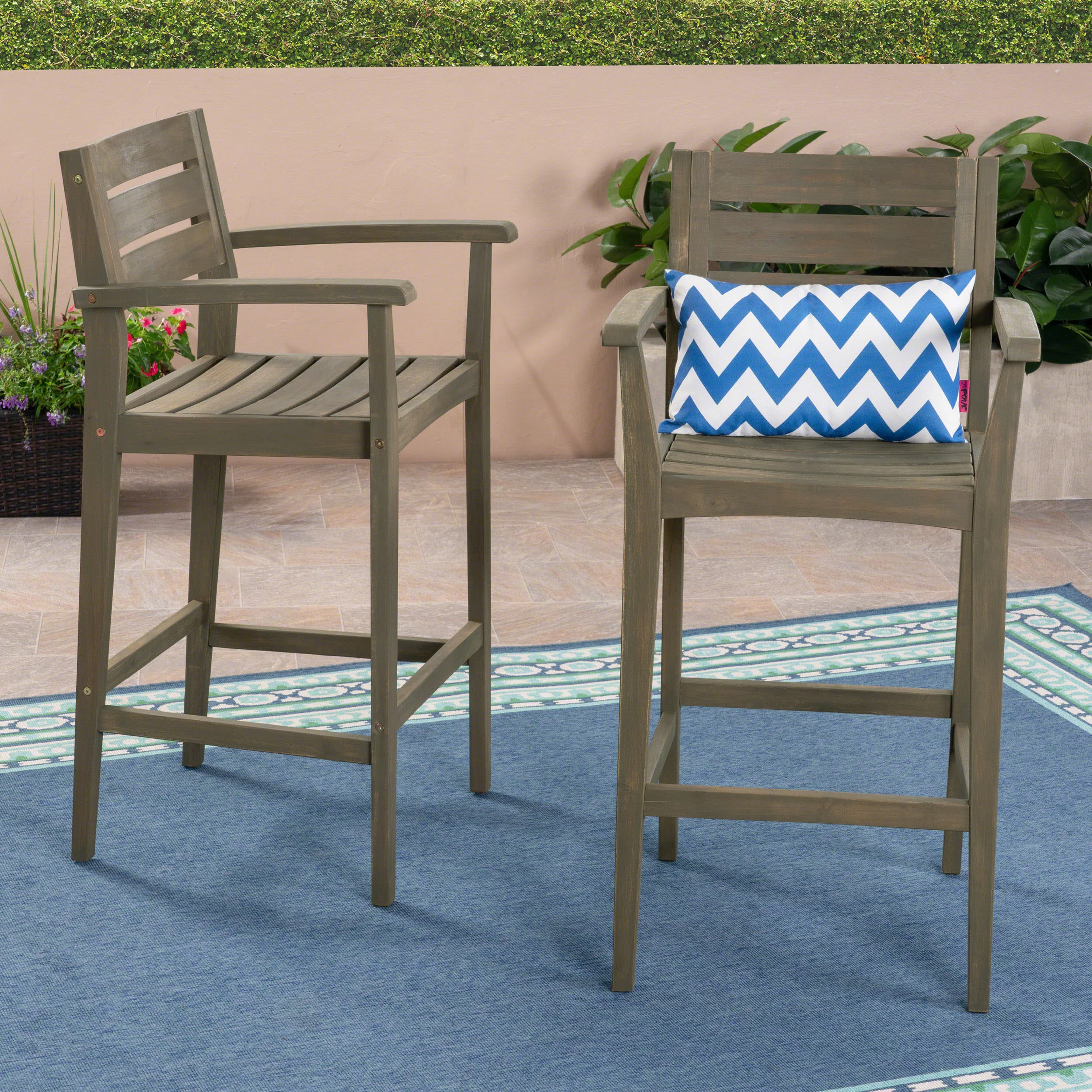Lera Outdoor Rustic Acacia Wood Barstool (Set of 2) - furnishings