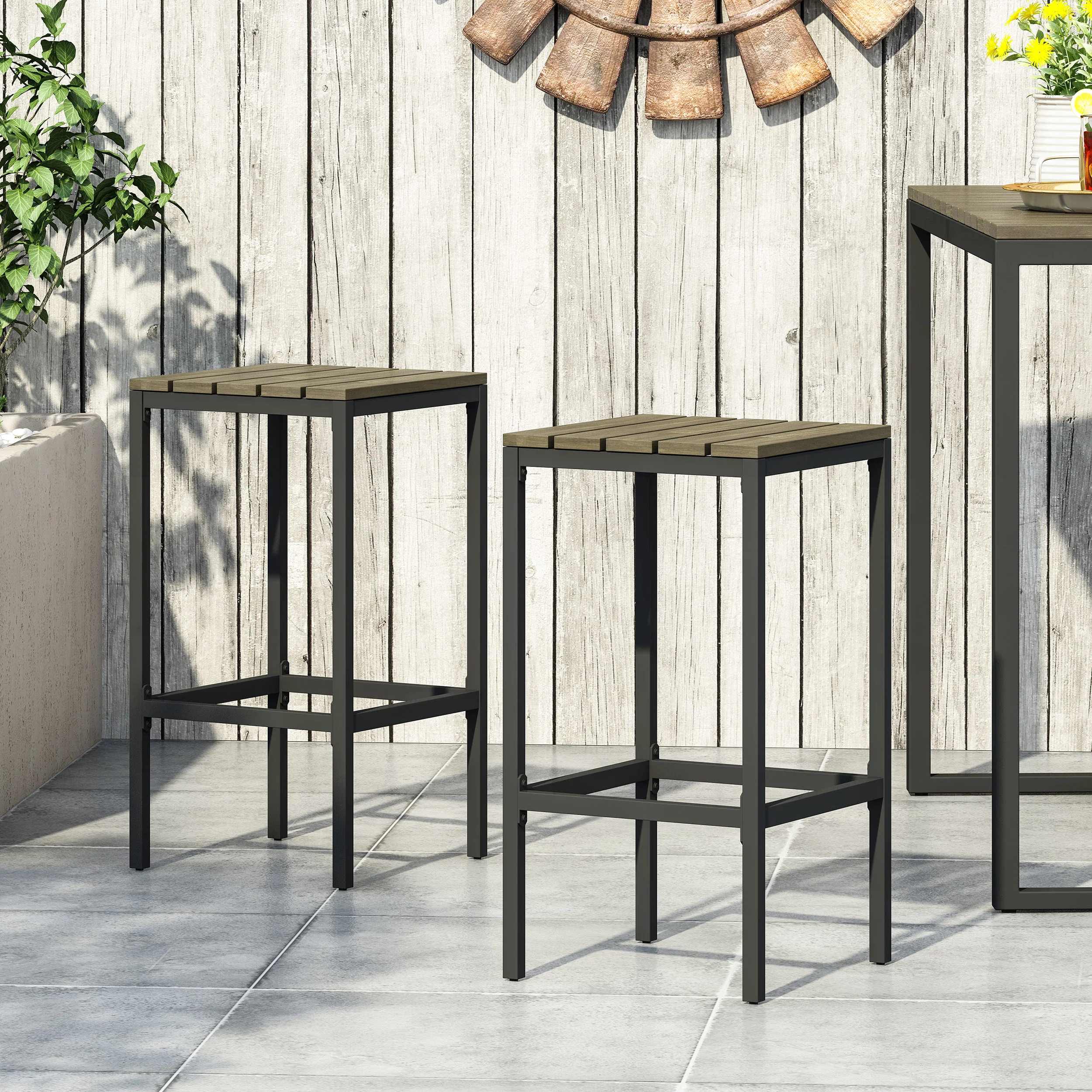 Arath Outdoor Modern Industrial Acacia Wood Bar Stools (Set of 2) - furnishings
