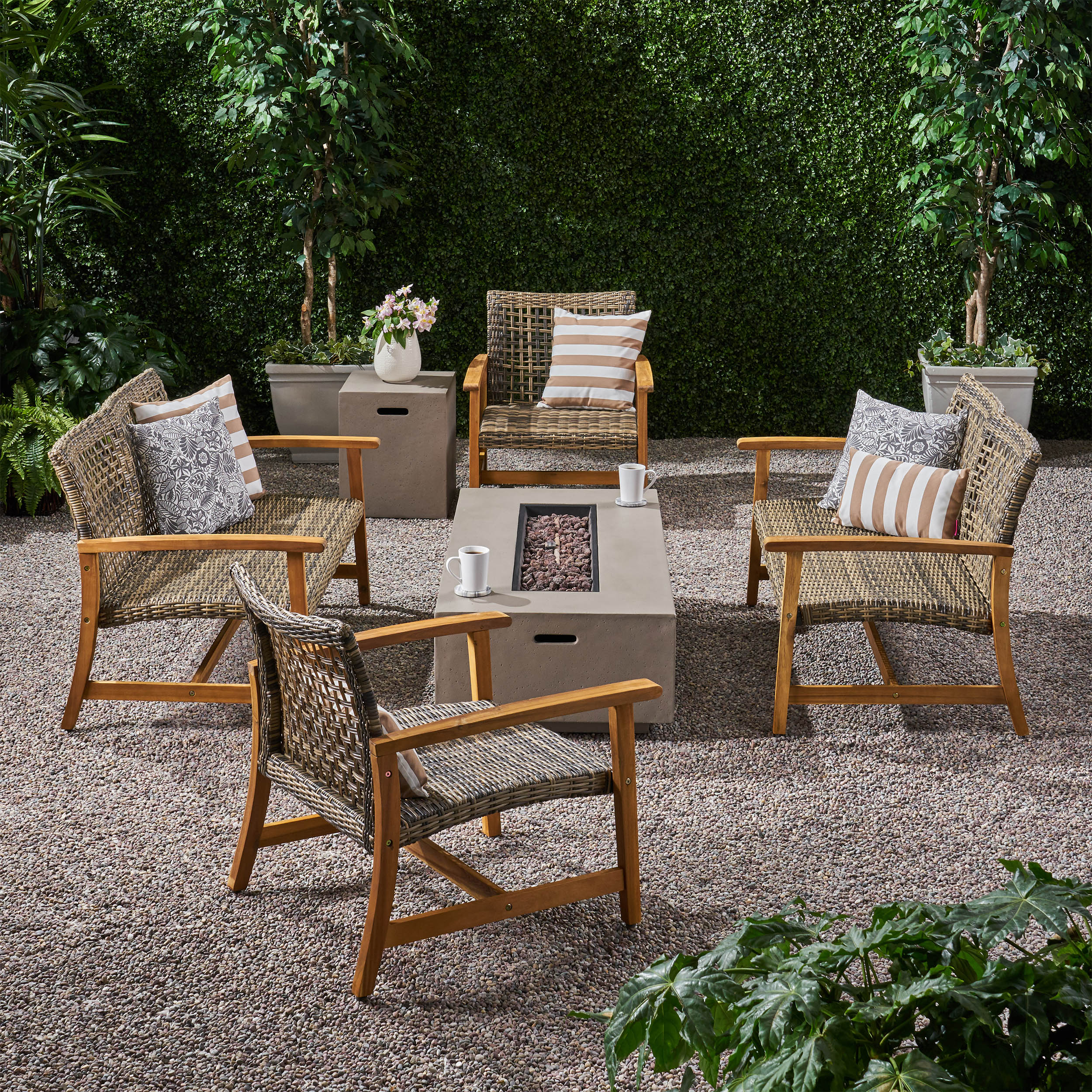 Tabby Outdoor 6 Seater Wood and Wicker Chat Set with Fire Pit - furnishings