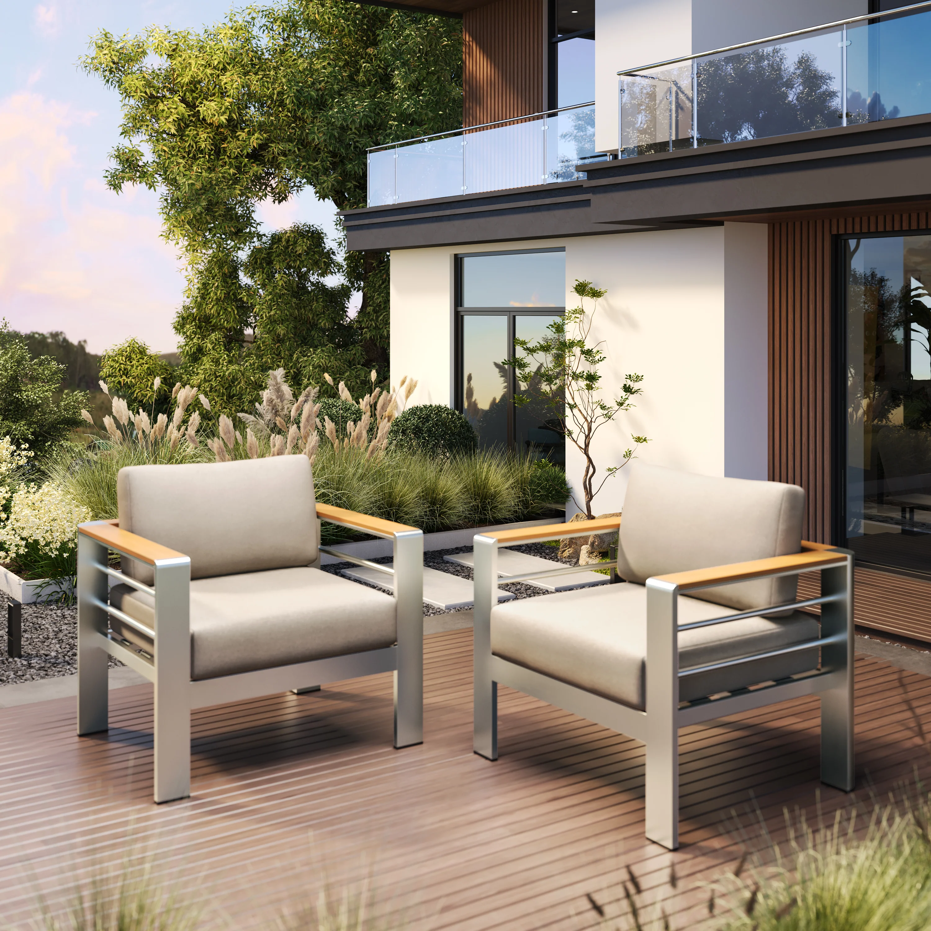 Therone Aluminum Outdoor Patio Club Chair with Beige Cushions - furnishings
