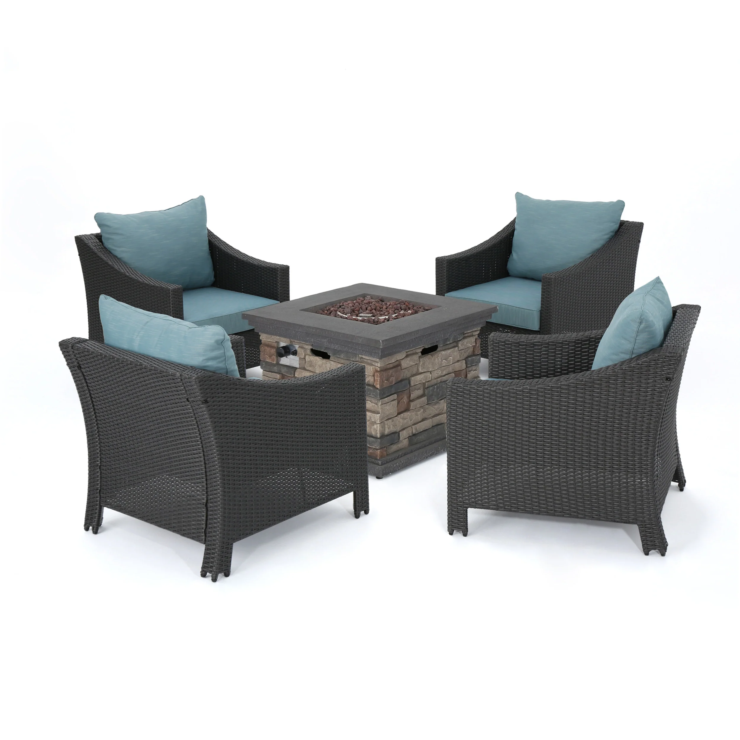 Aspen Outdoor 5 Piece Gray Wicker Chat Set with Stone Finished Fire Pit - furnishings