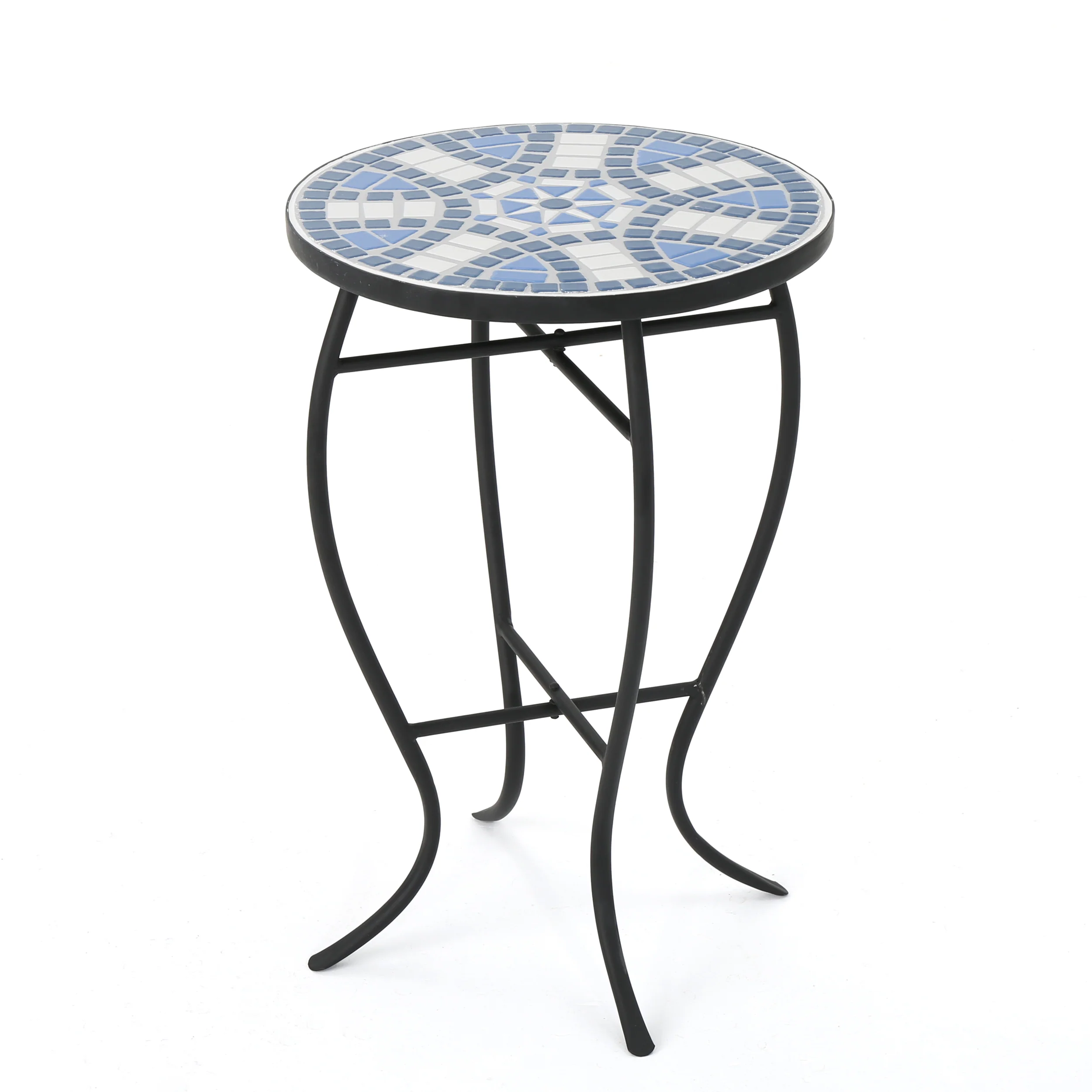 Harington Outdoor Blue & White Ceramic Tile Iron Frame Side Table - furnishings