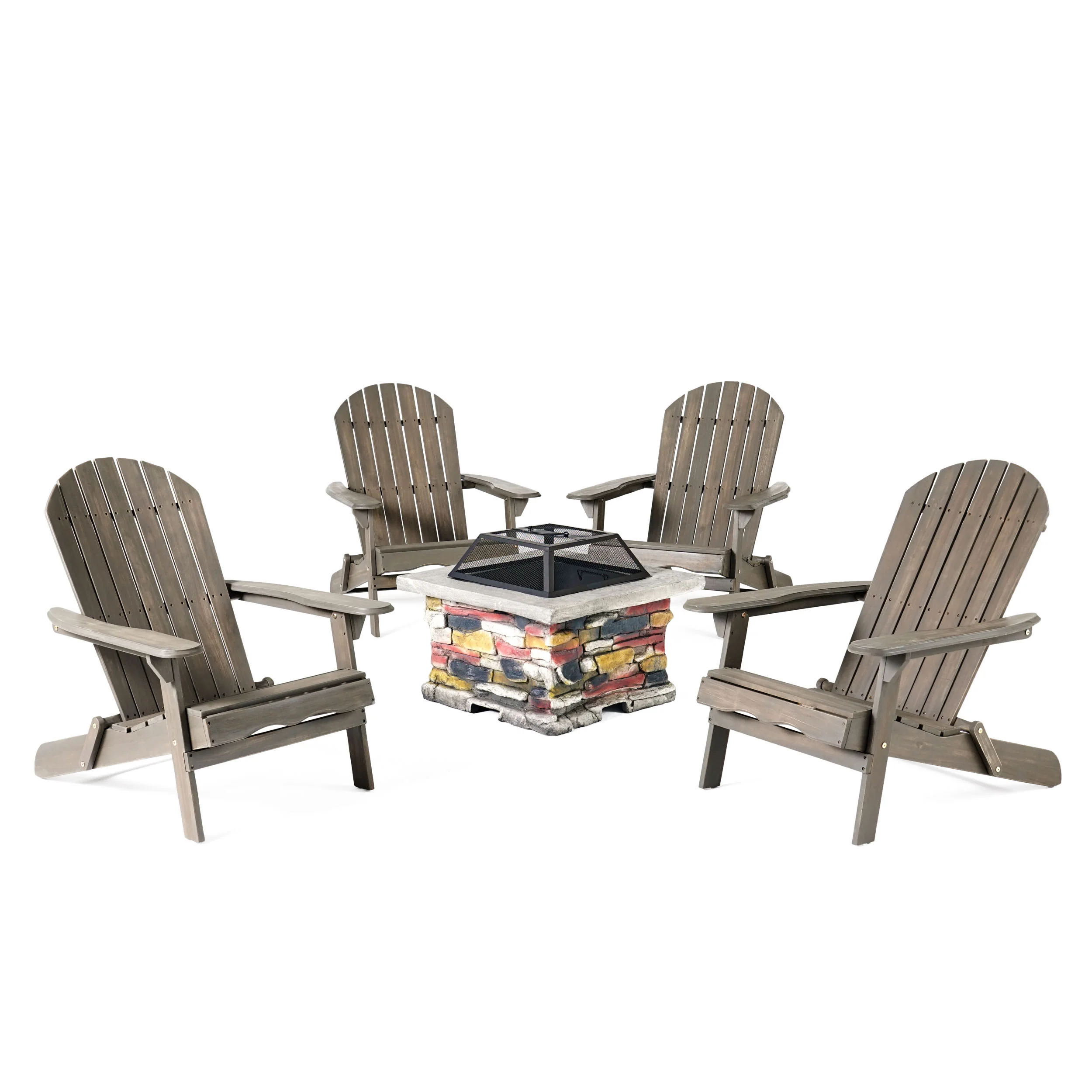 Benson Outdoor 5 Piece Acacia Wood/ Light Weight Concrete Adirondack Chair Set with Fire Pit - furnishings