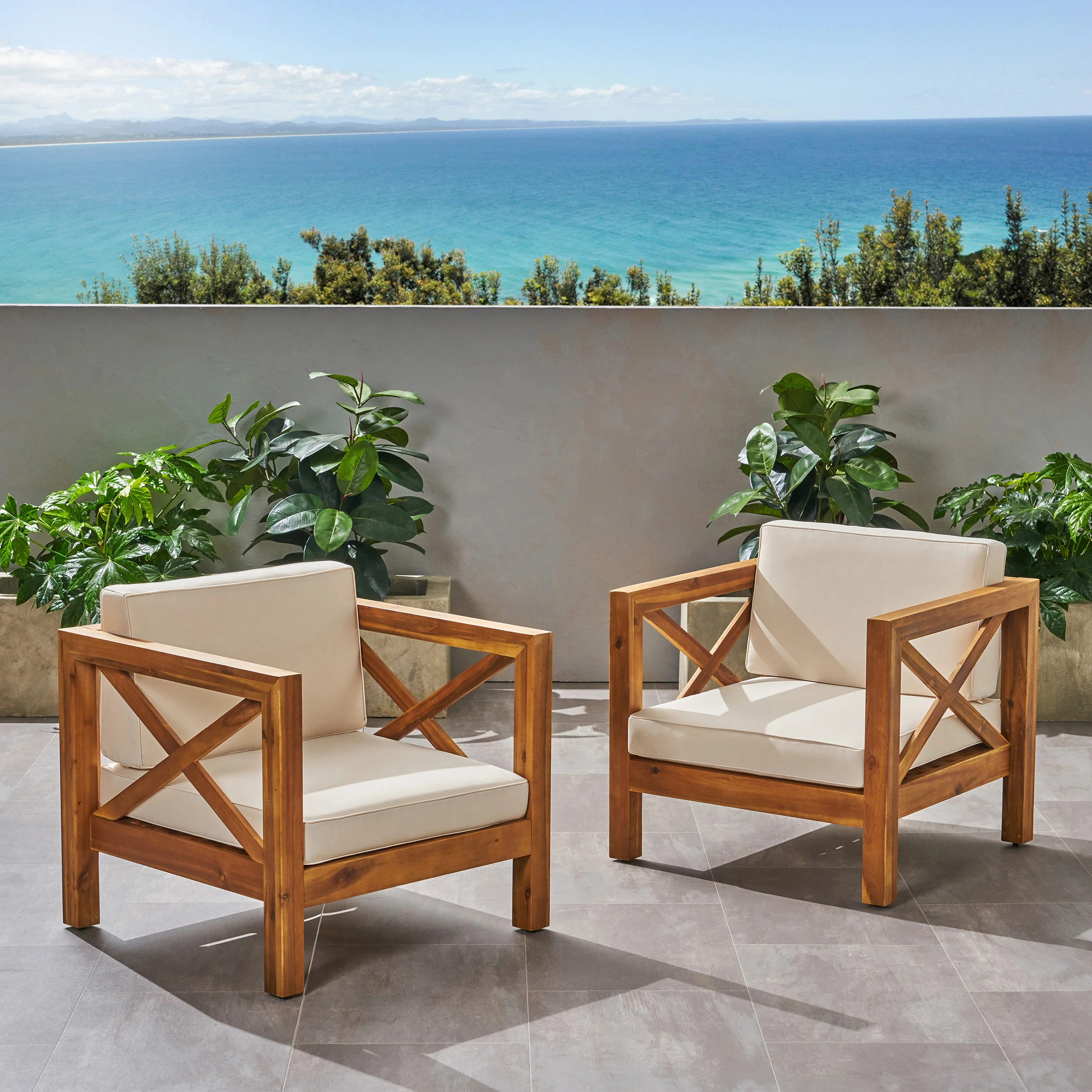 Indira Outdoor Acacia Wood Club Chairs with Cushions (Set of 2) - furnishings