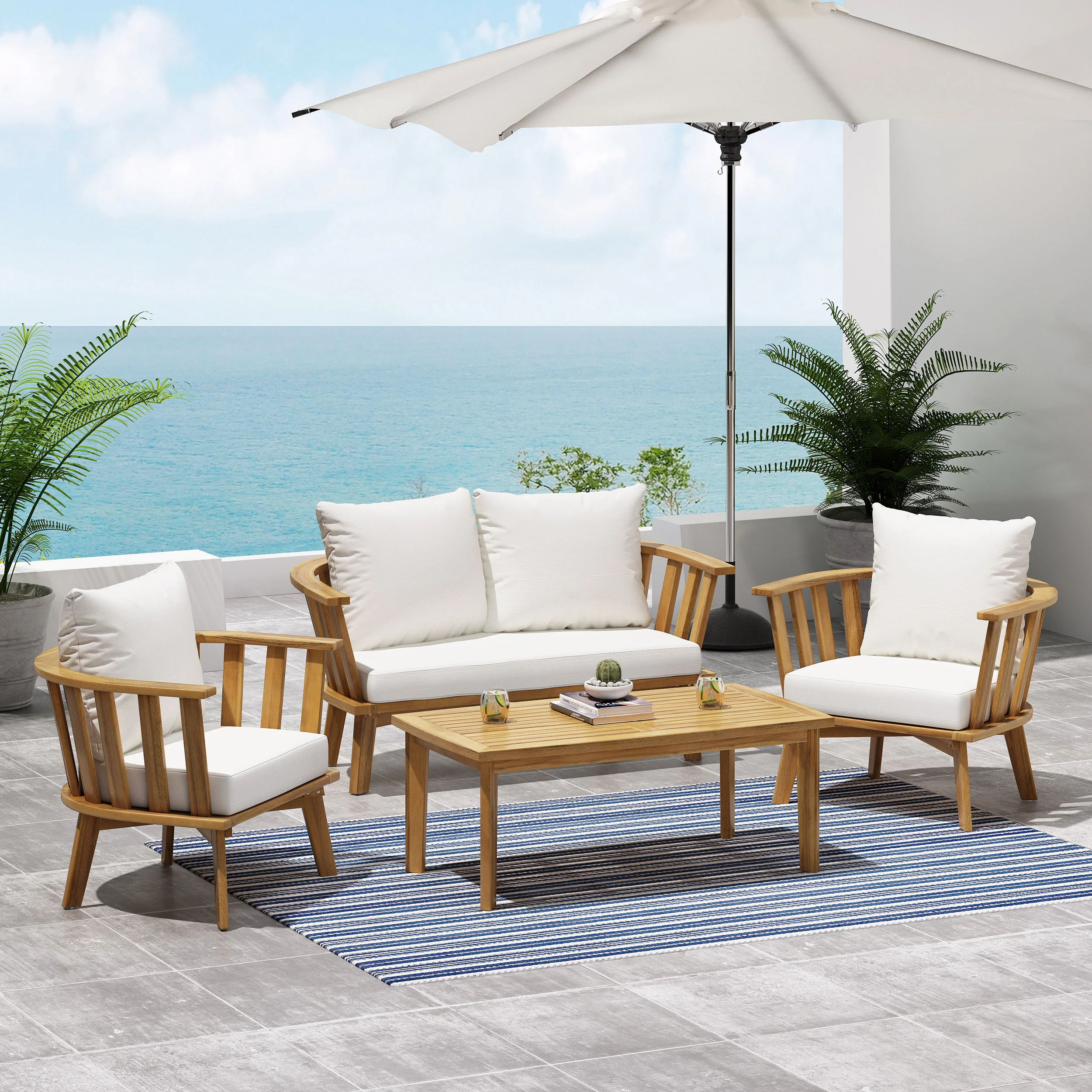 Laiah Outdoor Wooden Chat Set with Rectangular Coffee Table - furnishings