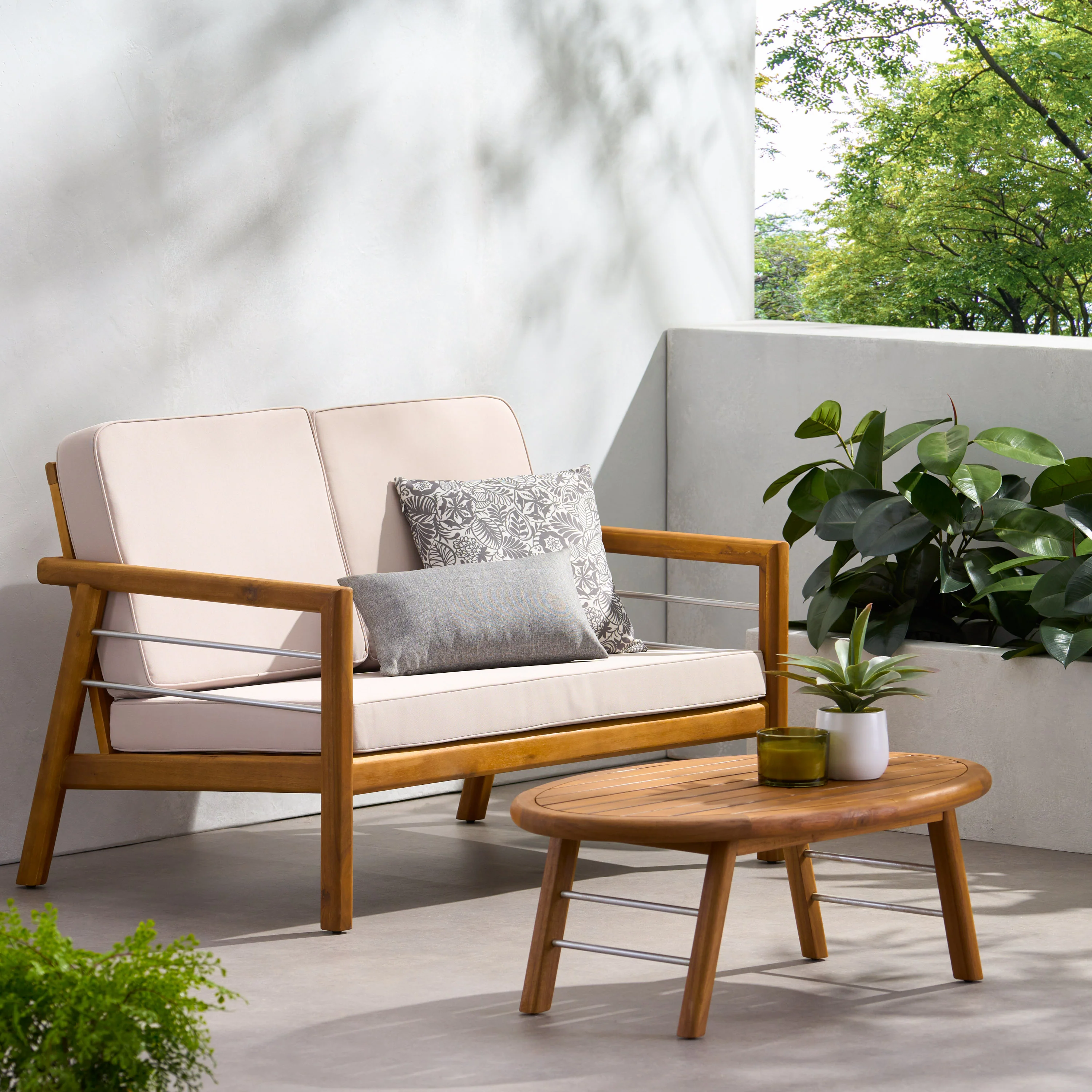 Lindsey Outdoor Acacia Wood Loveseat and Coffee Table Set with Cushions, Teak, Silver, and Beige - furnishings