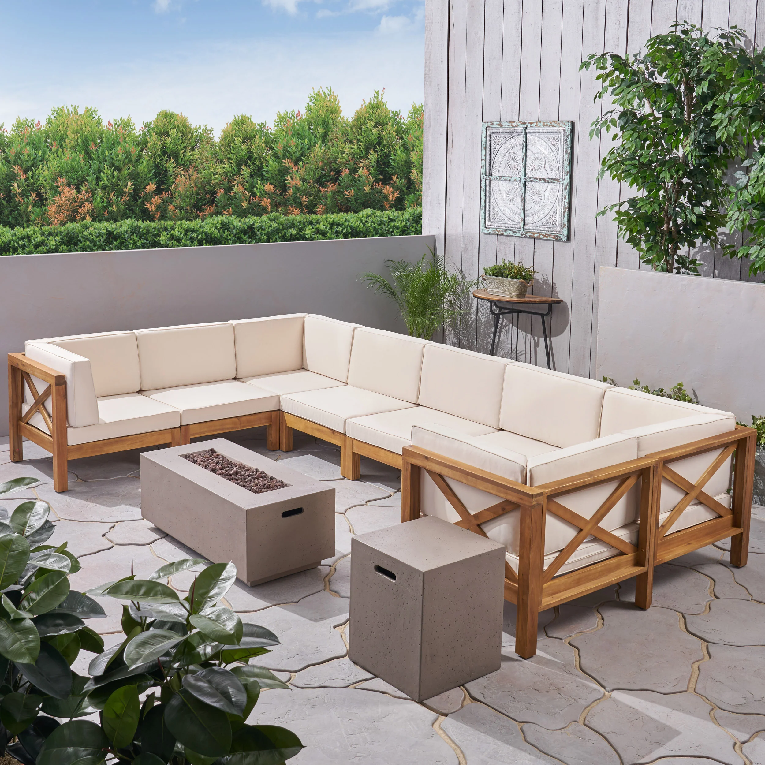 Cynthia Outdoor Acacia Wood 10-Piece U-Shaped Sectional Sofa Set with Fire Pit - furnishings