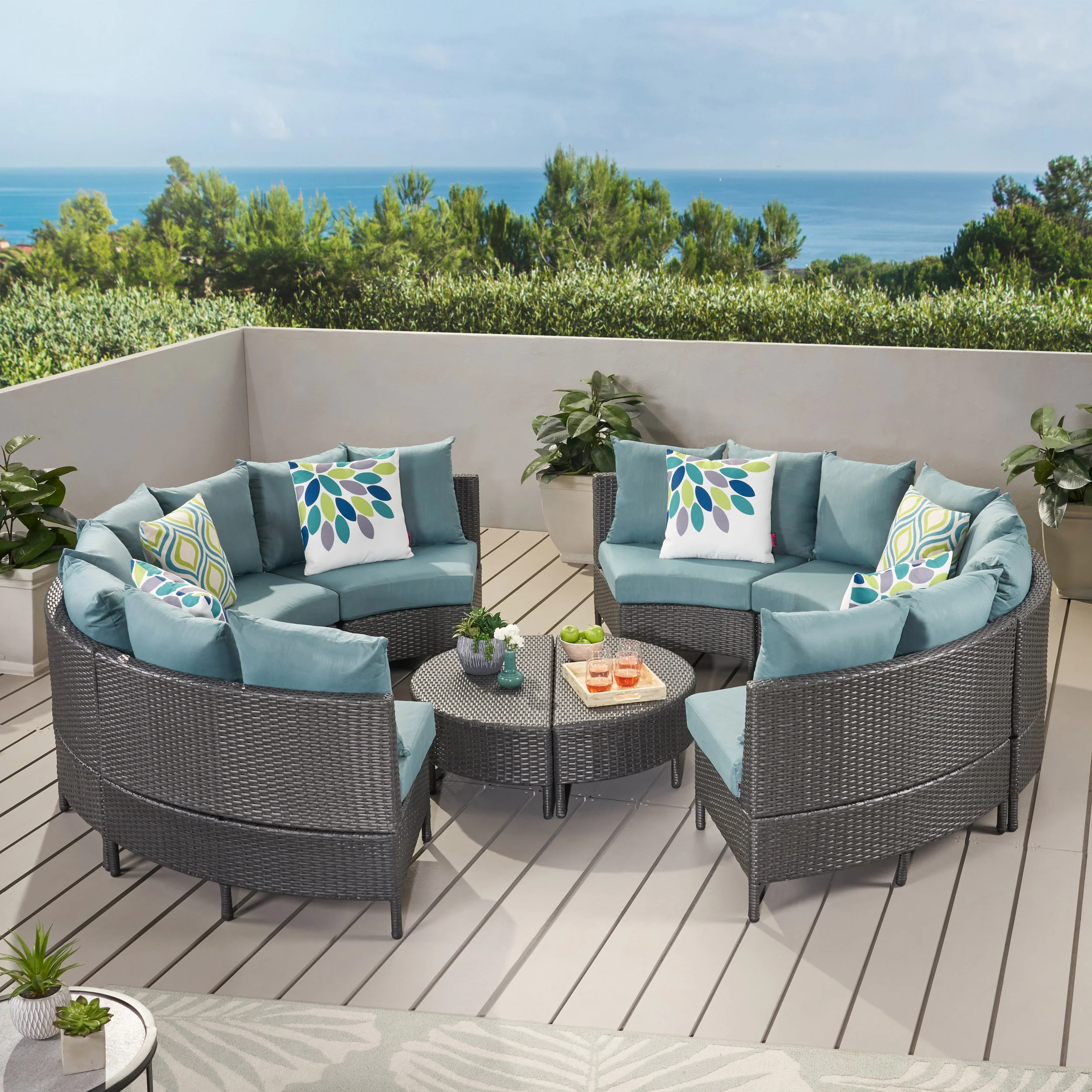 Venice Outdoor 10 Piece Gray Wicker Sectional Sofa Set with Teal Cushions - furnishings