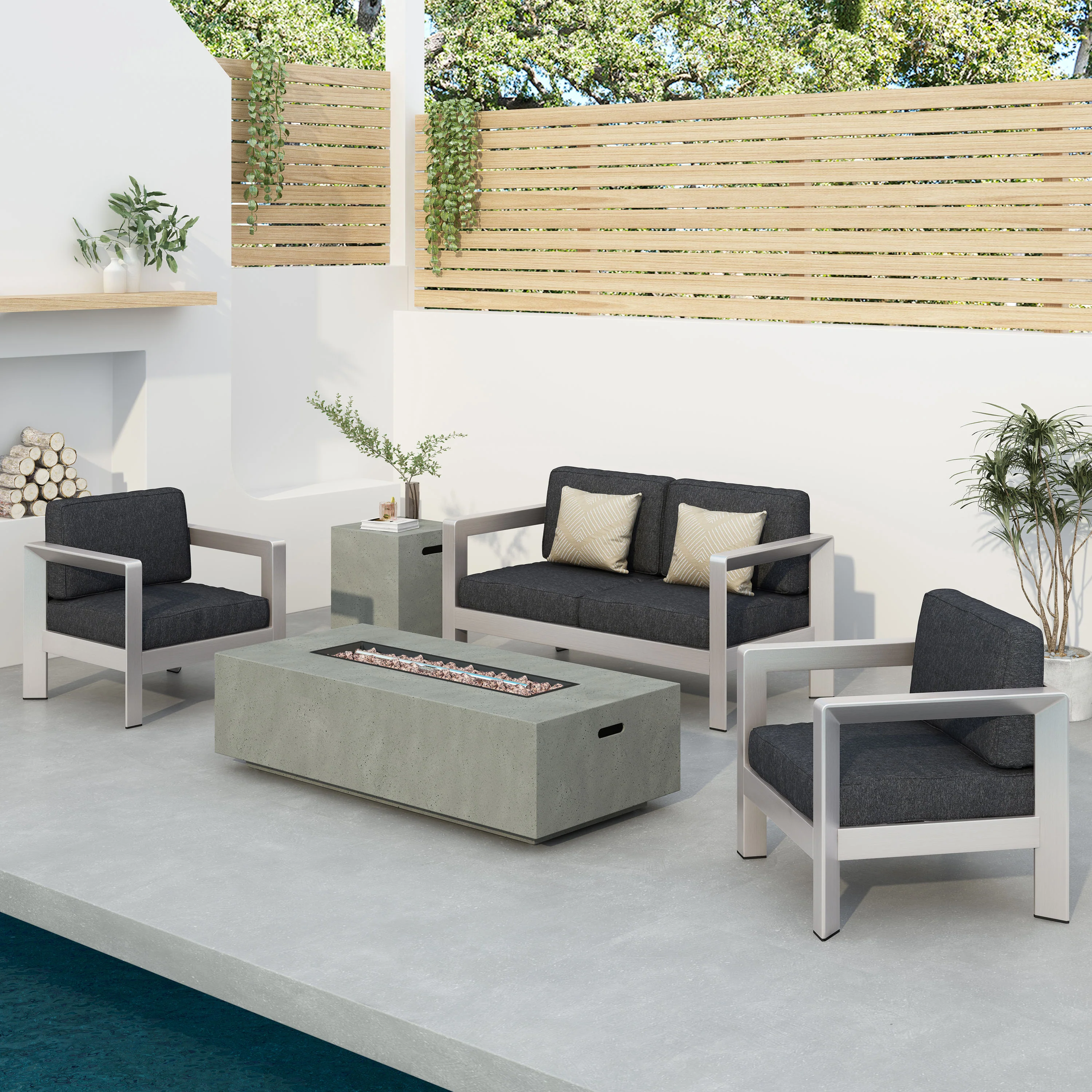 Booth Outdoor 4-Seater Aluminum Chat Set with Fire Pit and Tank Holder - furnishings