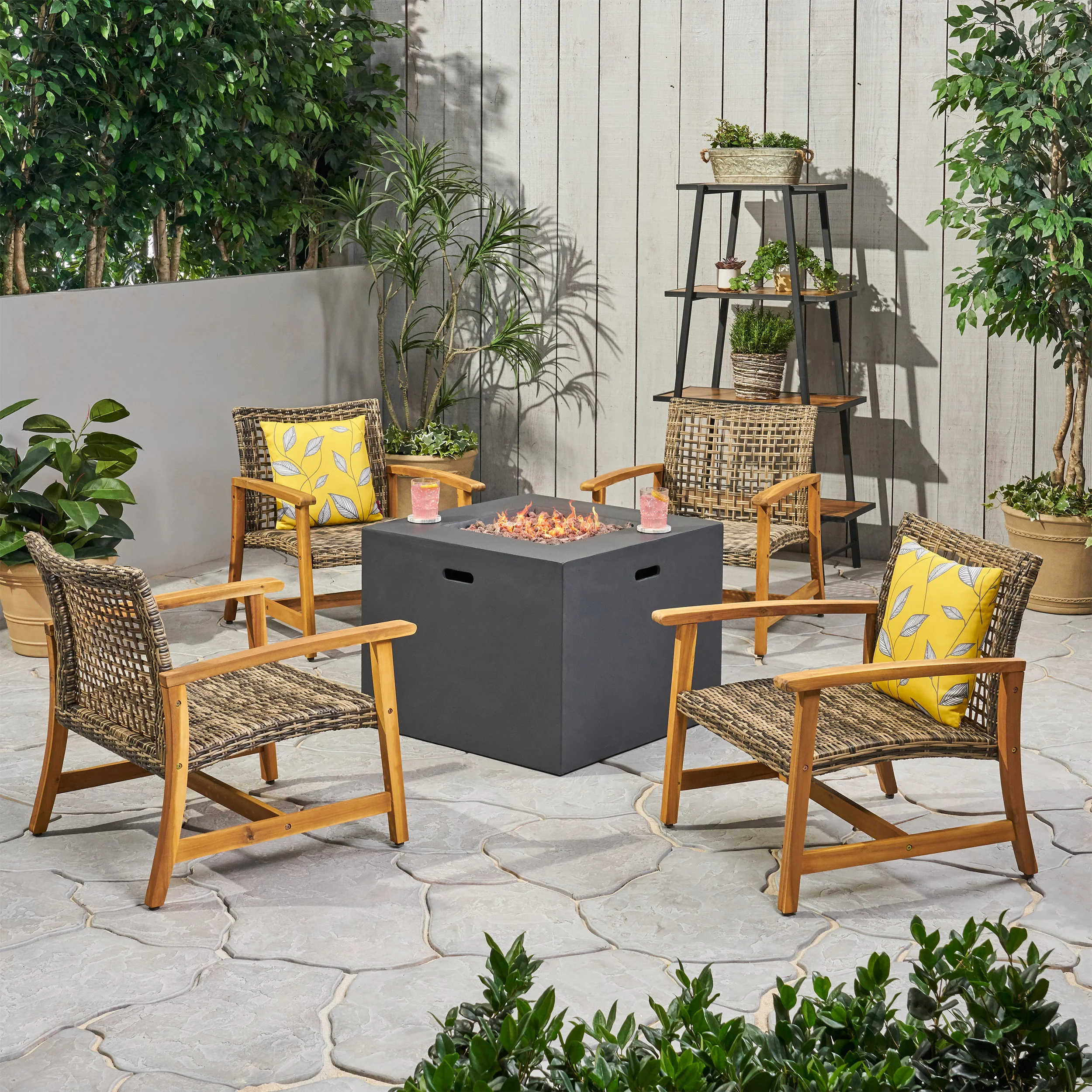 Tabby Outdoor 5 Piece Wood and Wicker Club Chairs and Fire Pit Set - furnishings