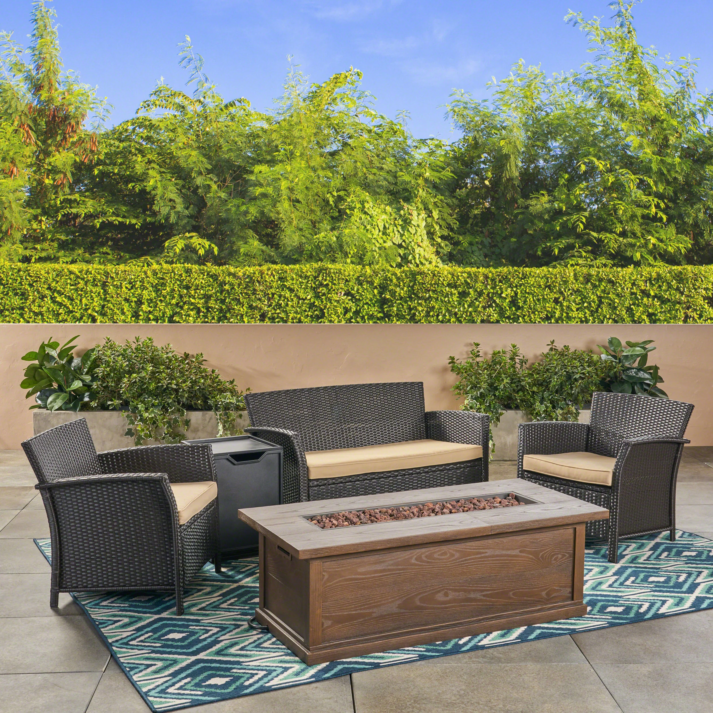 Laiah Outdoor 4 Seater Wicker Chat Set with Iron Fire Pit - furnishings