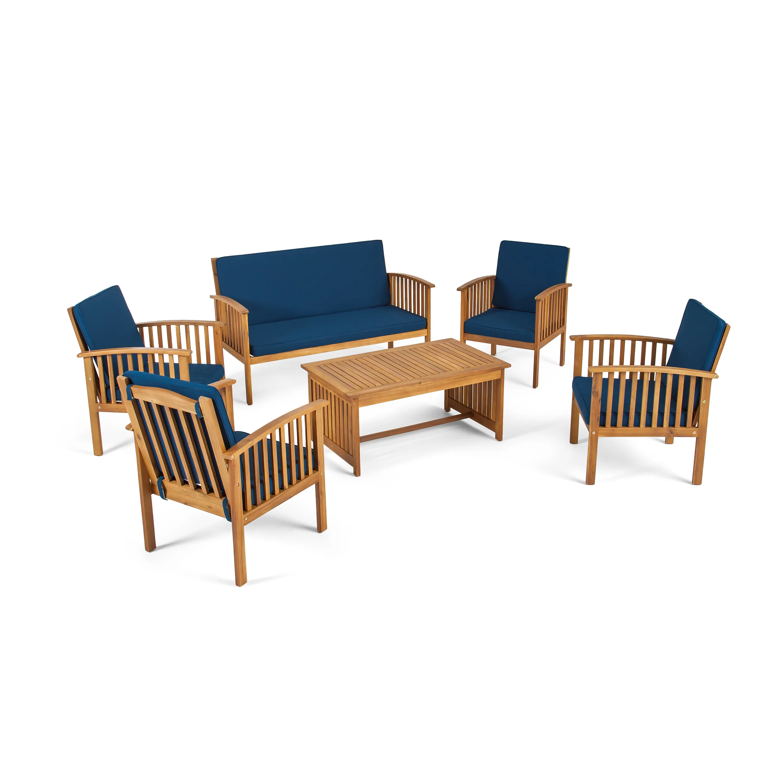 Parry Outdoor Open Slat 6-Seater Acacia Wood Conversation Set with Coffee Table - furnishings