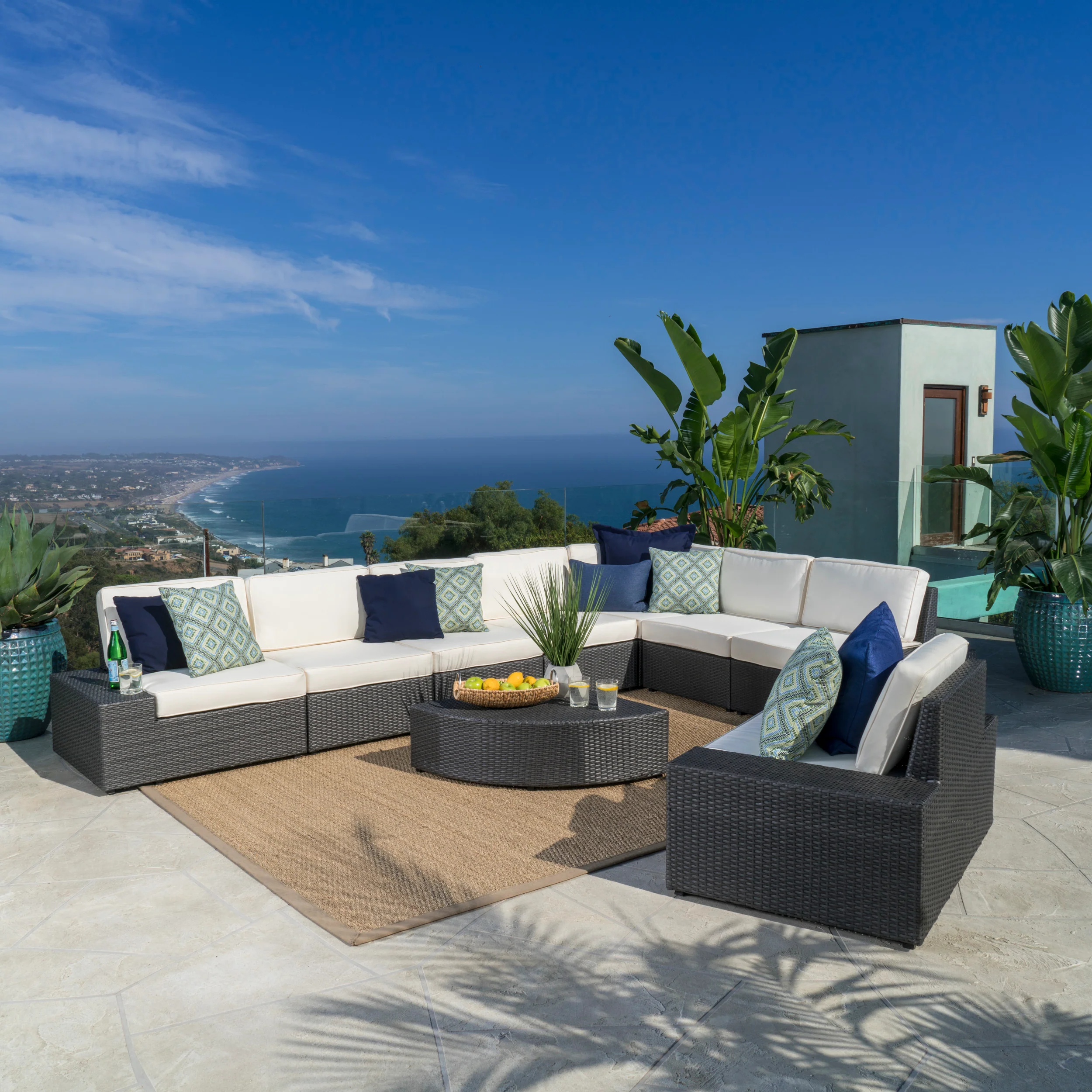 Reddington Outdoor 9 Piece Wicker Sectional with Beige Water Resistant Cushions - furnishings