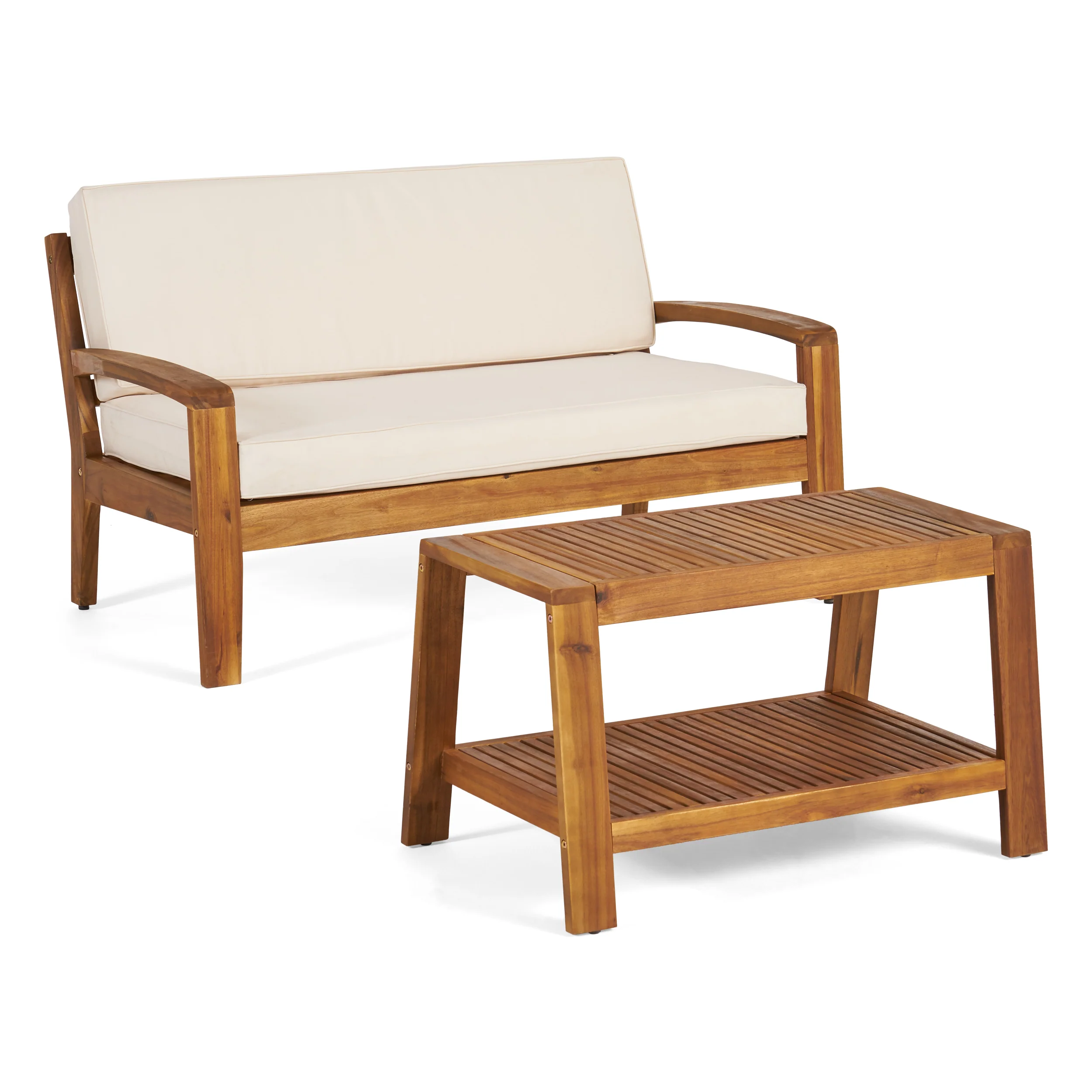 Christian Outdoor Acacia Wood Loveseat and Coffee Table Set with Cushions - furnishings