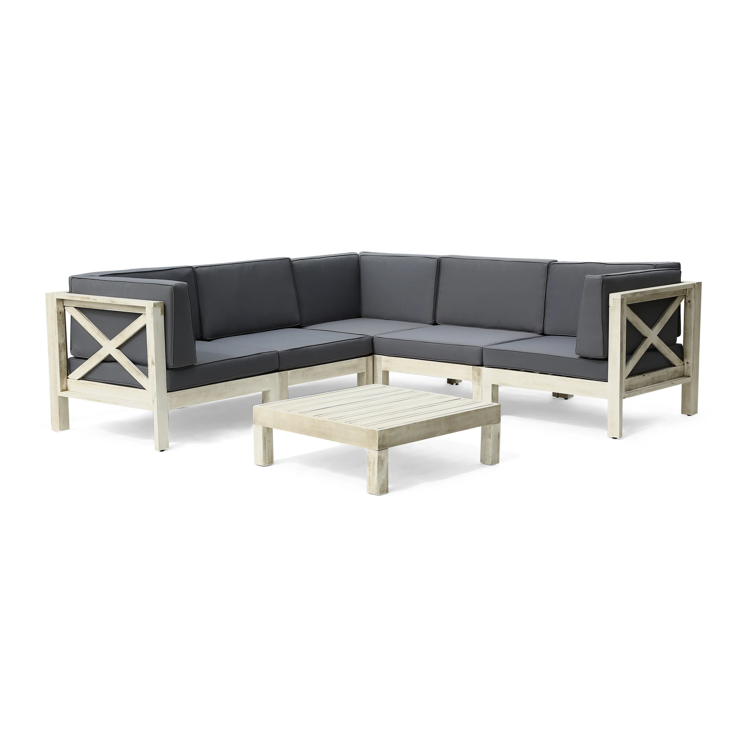 Brava Outdoor 5-Seater Gray Acacia Wood Sectional Sofa Set with Coffee Table - furnishings