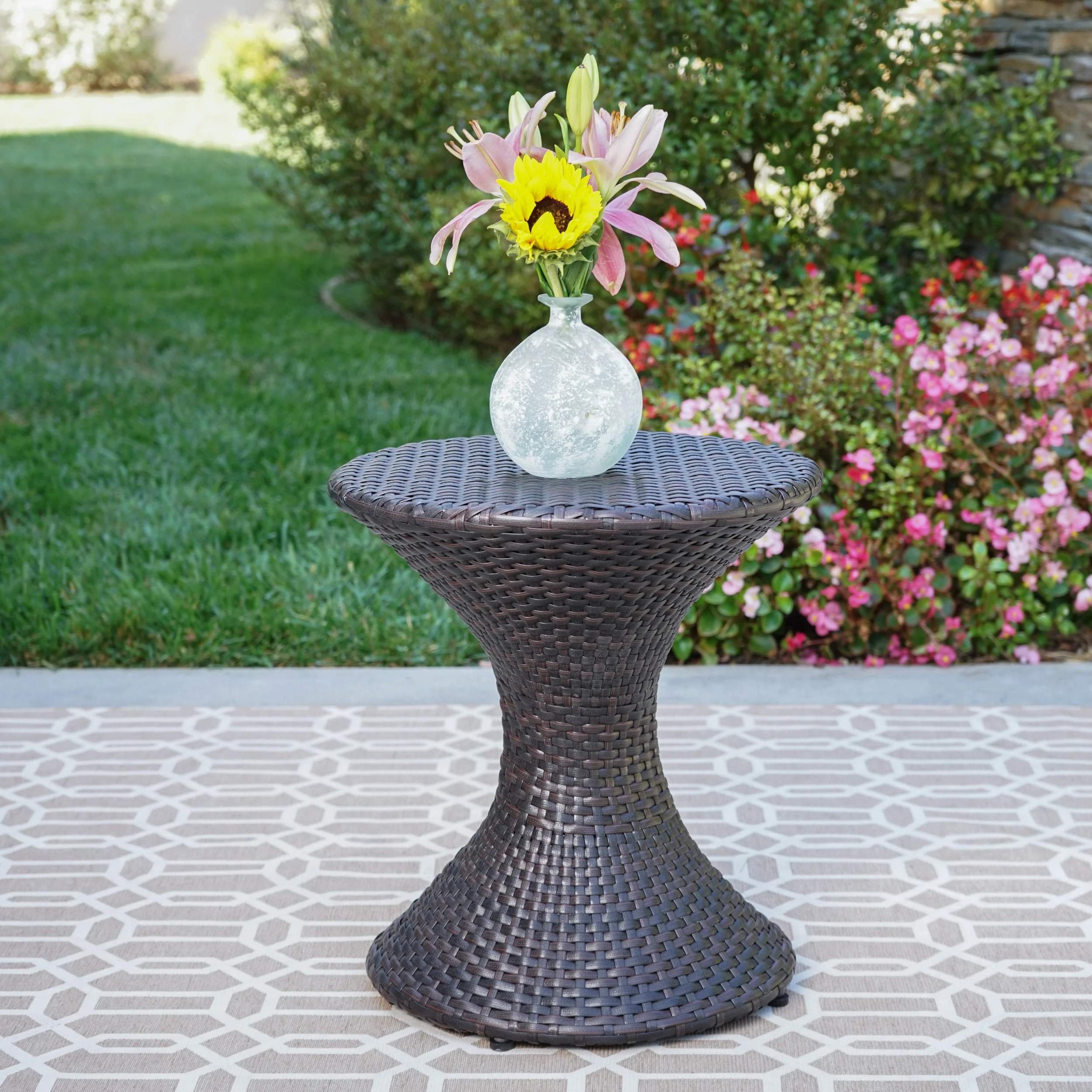 Frances Outdoor 16-inch Multi-brown Wicker Hourglass Side Table - furnishings