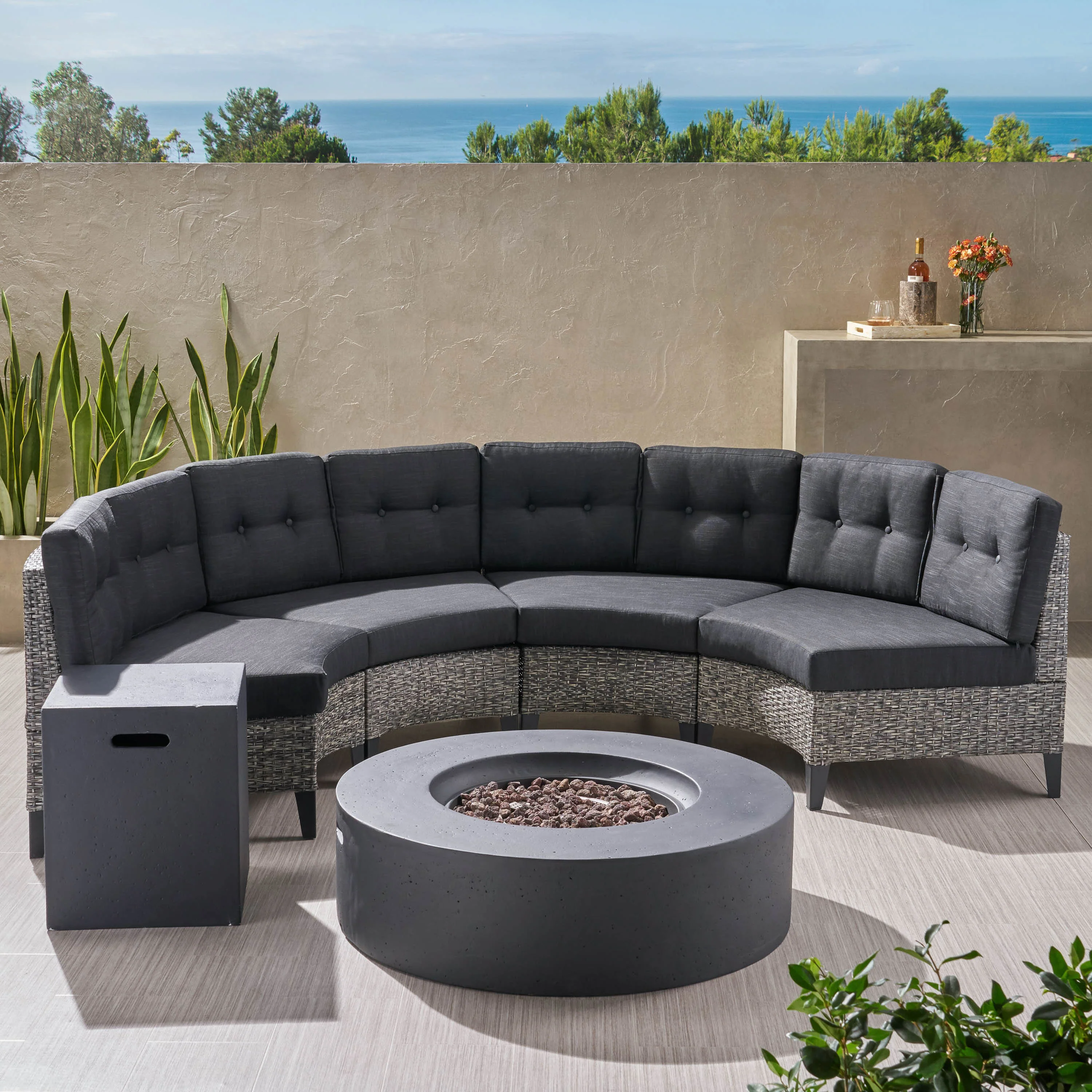 Nessett Outdoor 6 Piece Mixed Black Wicker Half Round Sofa Set with Dark Grey Fire Table - furnishings