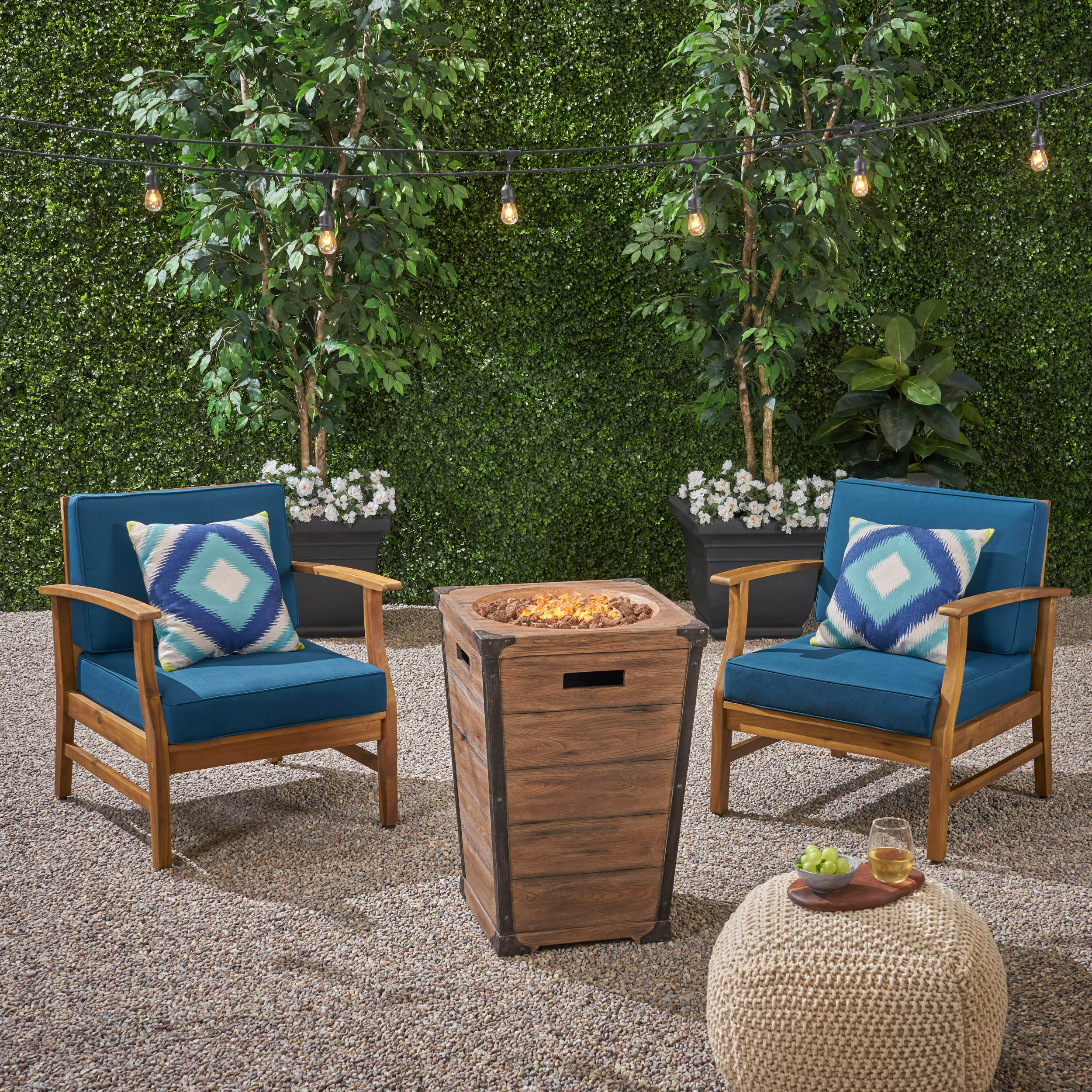 Capri Outdoor 2 Piece Acacia Wood Club Chair Set with Cushions and Fire Column - furnishings
