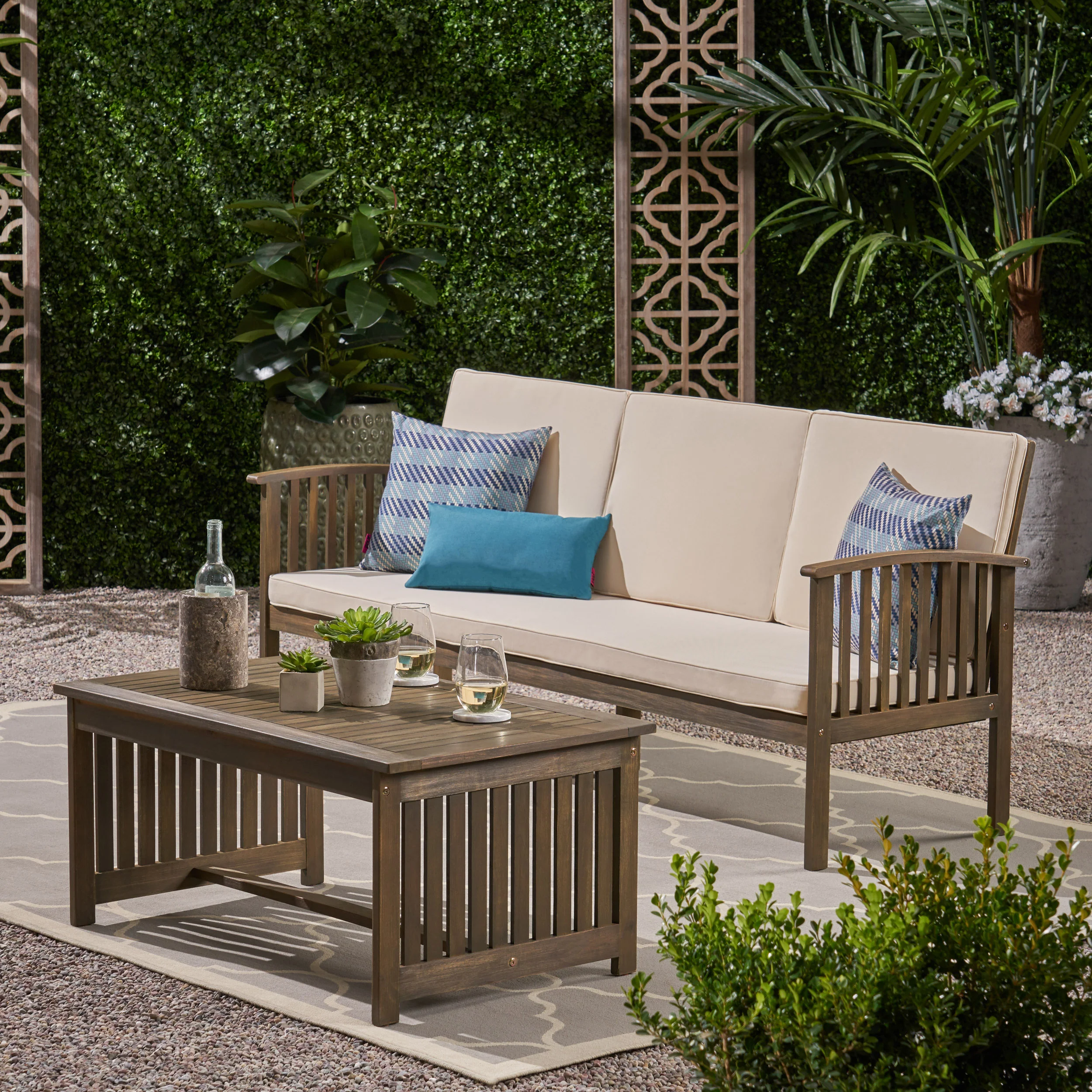 Giles Edward Outdoor Acacia Wood Sofa and Coffee Table Set - furnishings