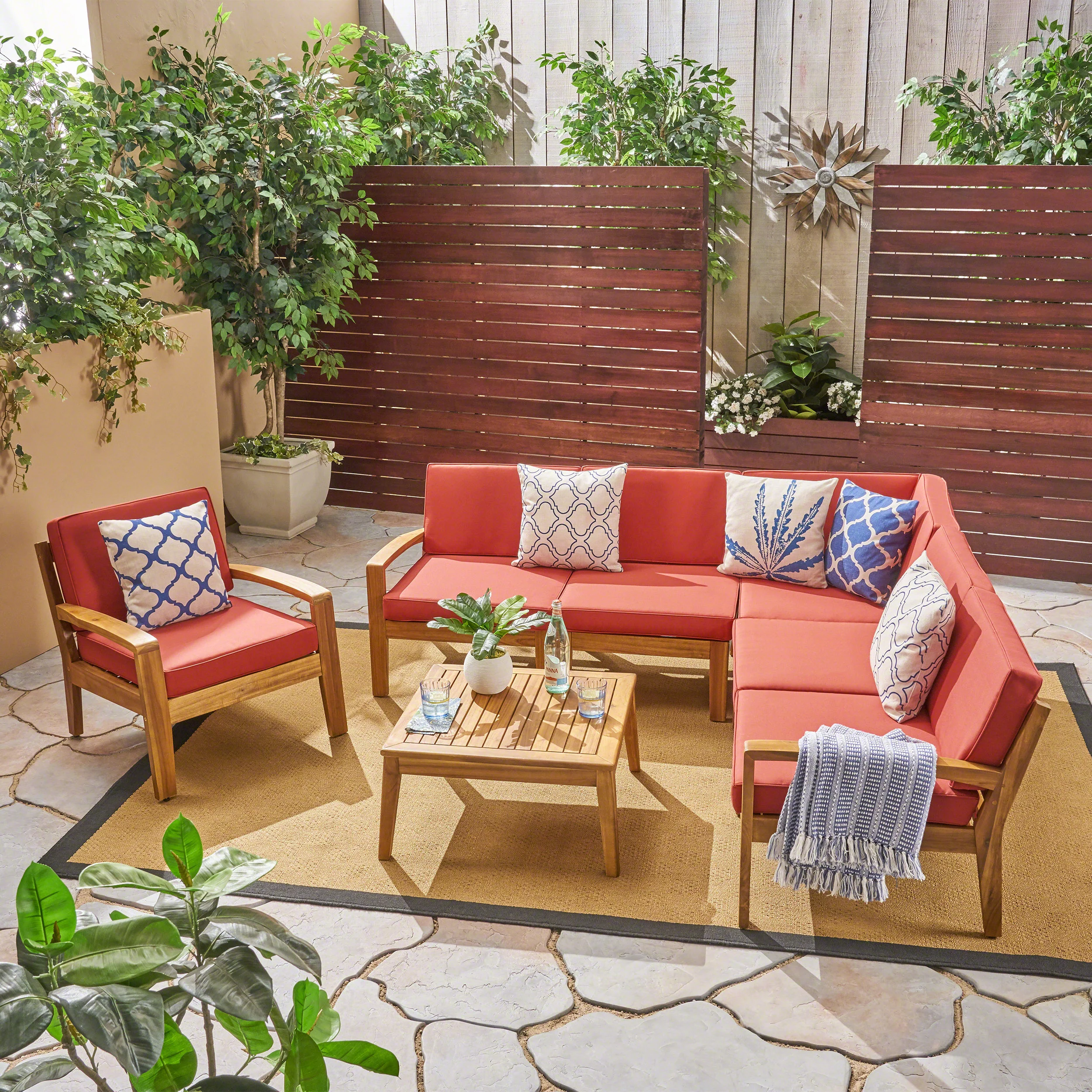 Giselle Outdoor Acacia Wood 6 Seater Sectional Sofa and Club Chair Set with Coffee Table - furnishings