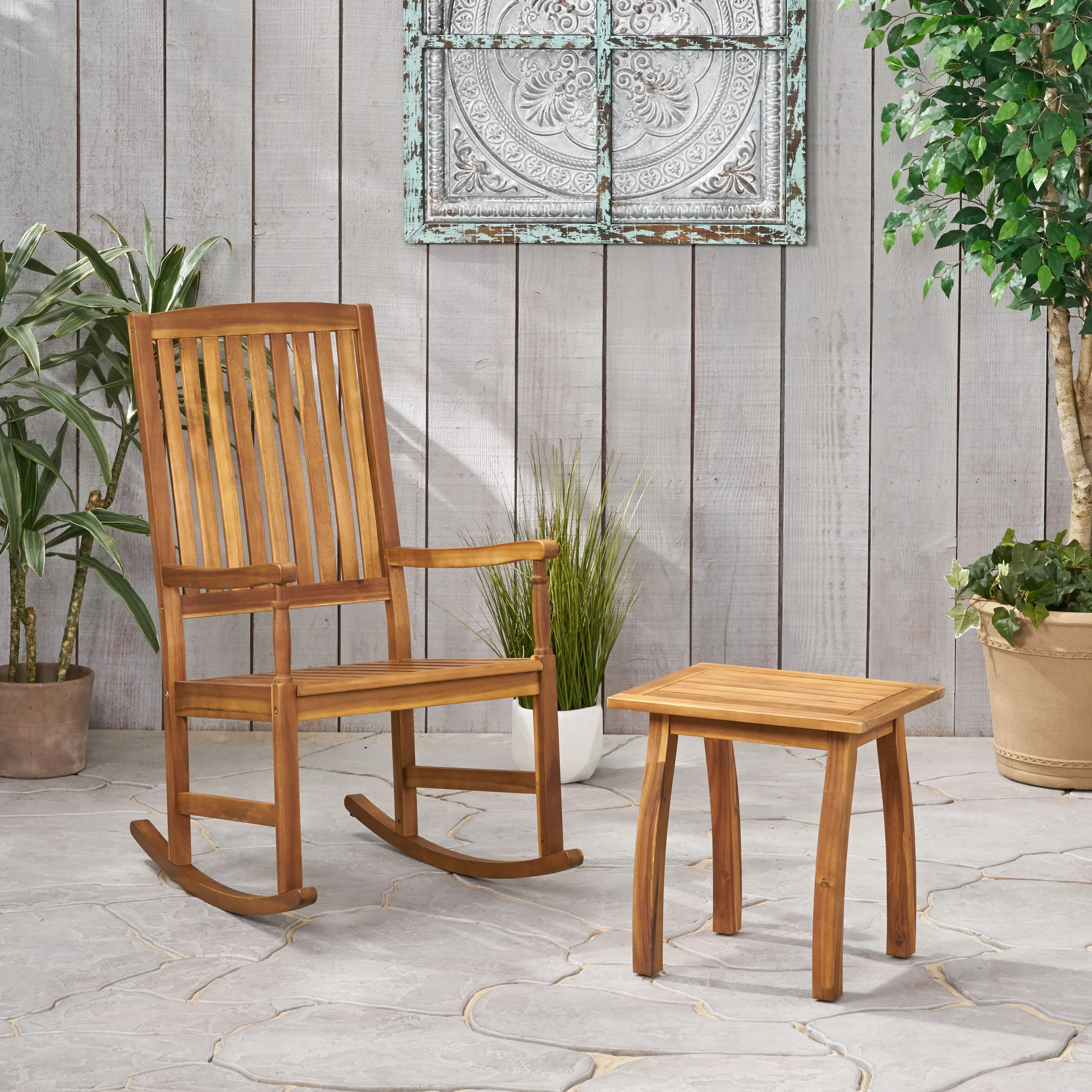 Tobey Outdoor Acacia Wood Rocking Chair and Side Table Set - furnishings