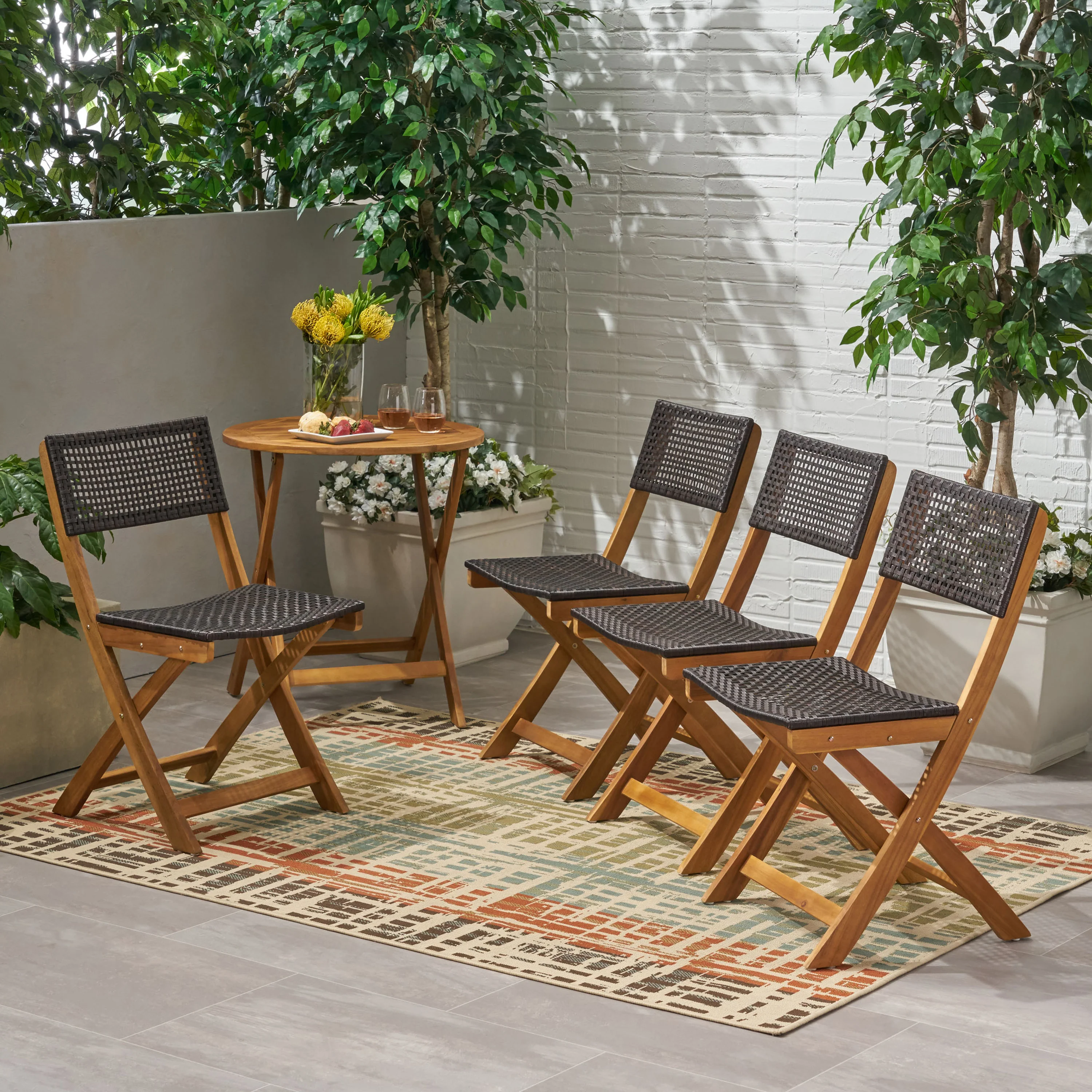Truda Outdoor Acacia Wood Foldable Bistro Chairs with Wicker Seating (Set of 4) - furnishings