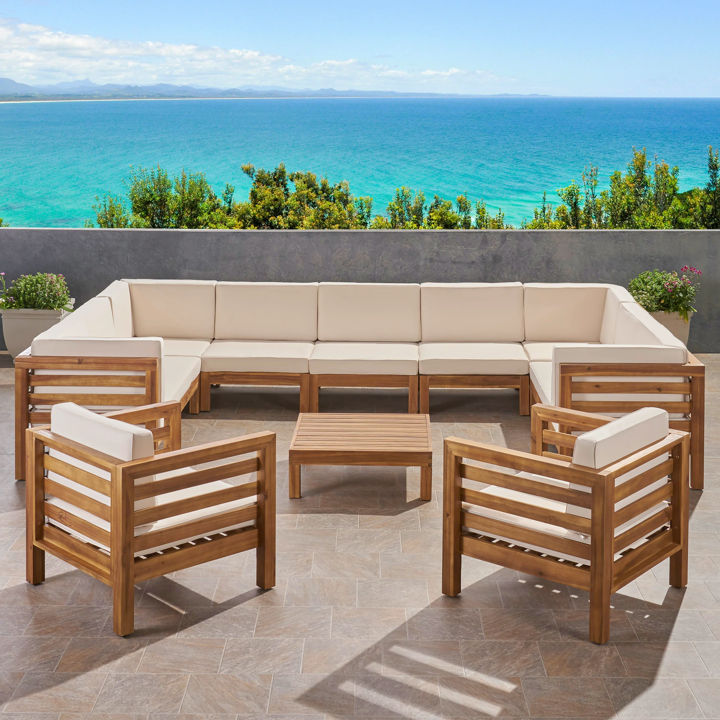 Emma Outdoor 11 Seater Acacia Wood Sectional Sofa and Club Chair Set - furnishings