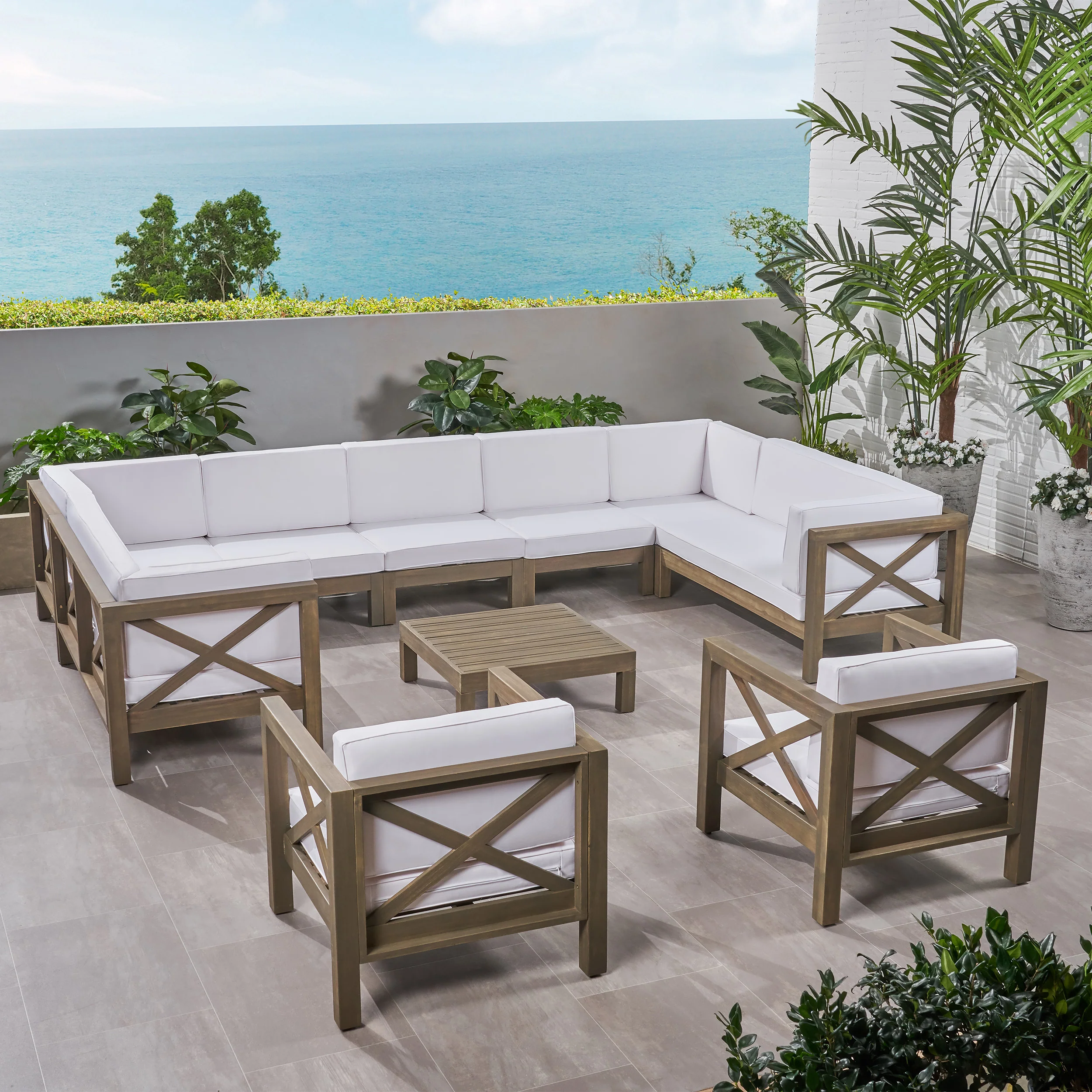 Isabella Outdoor 11 Seater Acacia Wood Sectional Sofa and Club Chair Set - furnishings