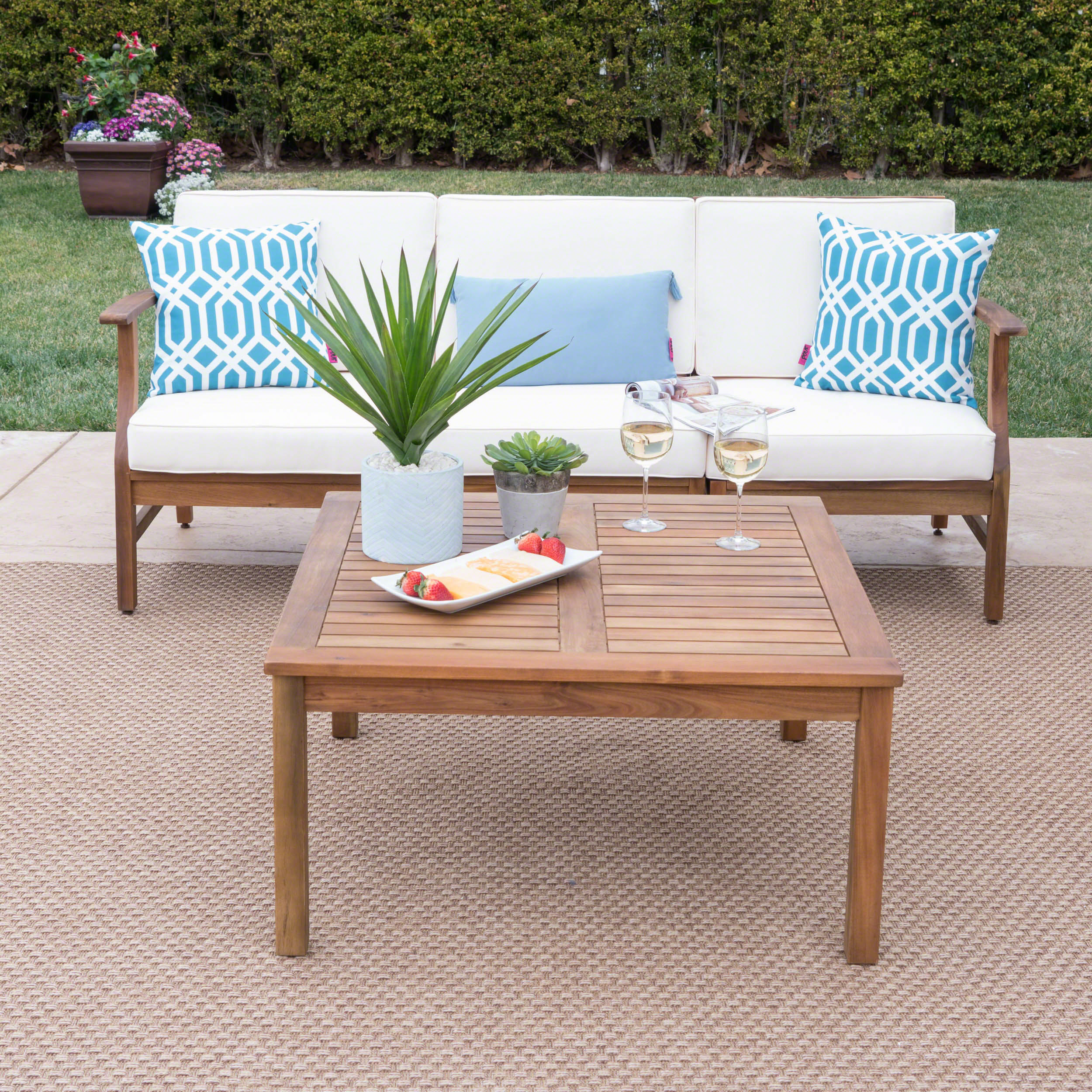 Scarlett Outdoor 3 Seat Teak Finished Acacia Wood Sofa and Table Set - furnishings