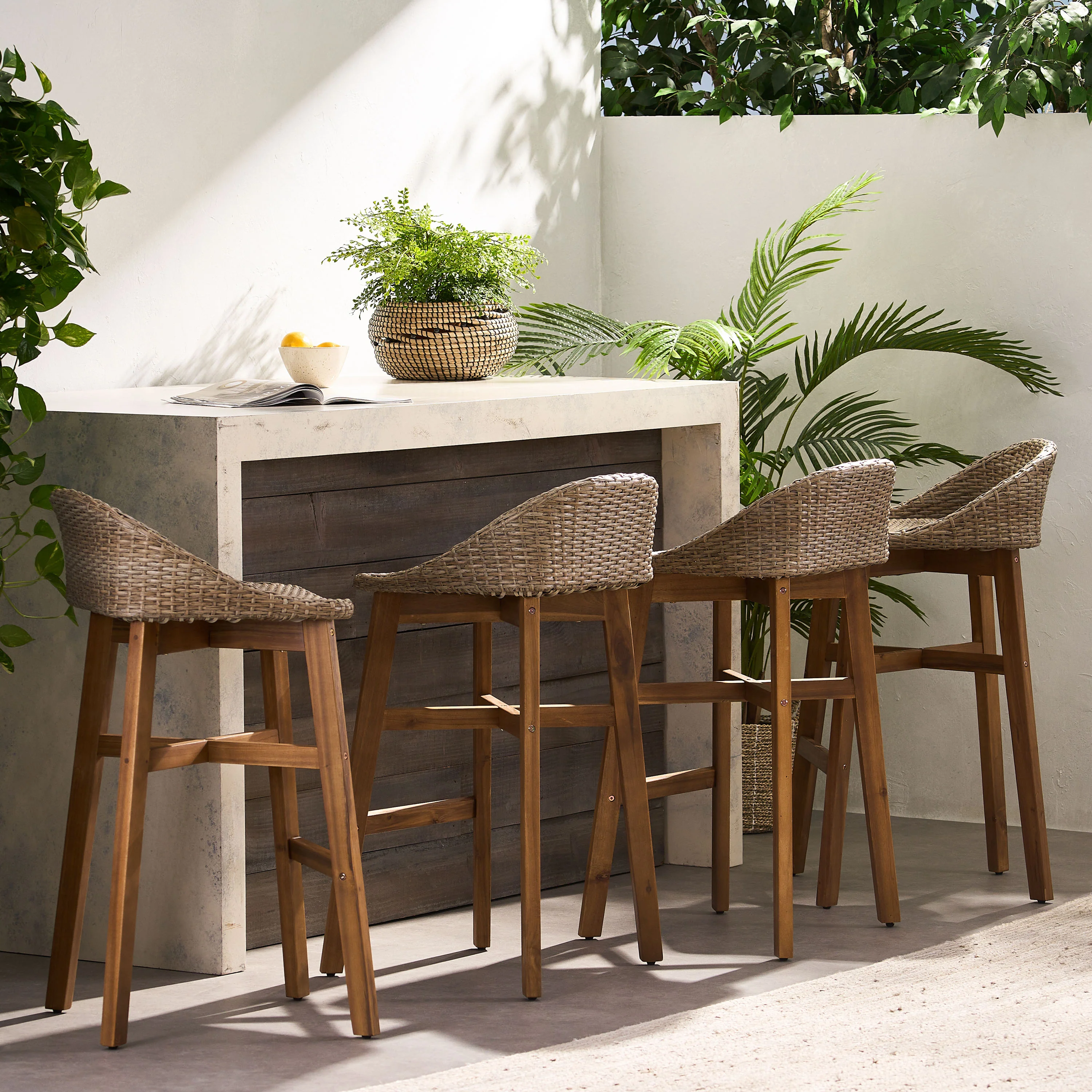 Beeson Outdoor Wicker and Acacia Wood 30 Inch Barstools, Set of 4, Light Multibrown and Teak - furnishings
