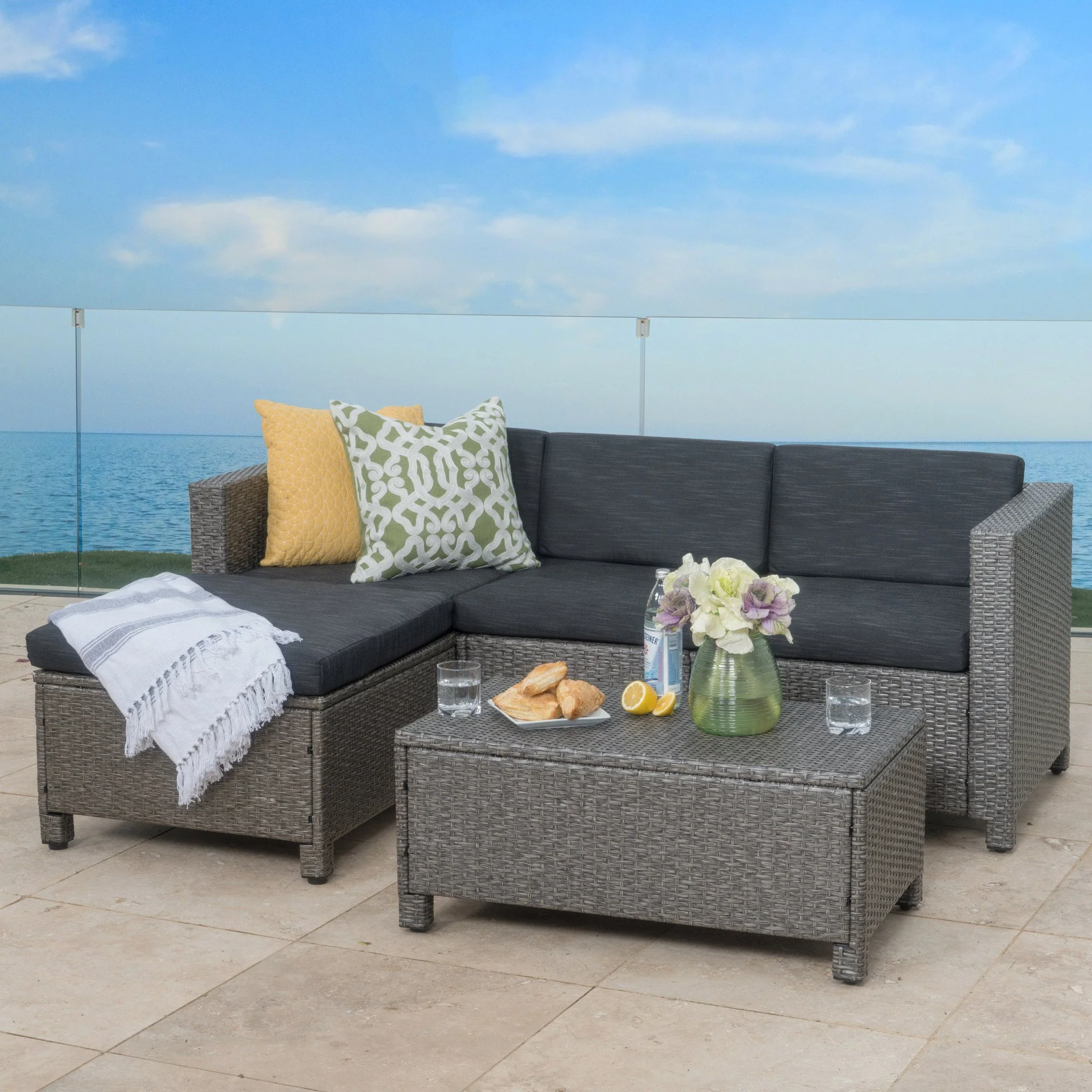 Lorita Outdoor 5-piece Dark Gray Wicker Sectional Sofa Set with Black Cushions - furnishings