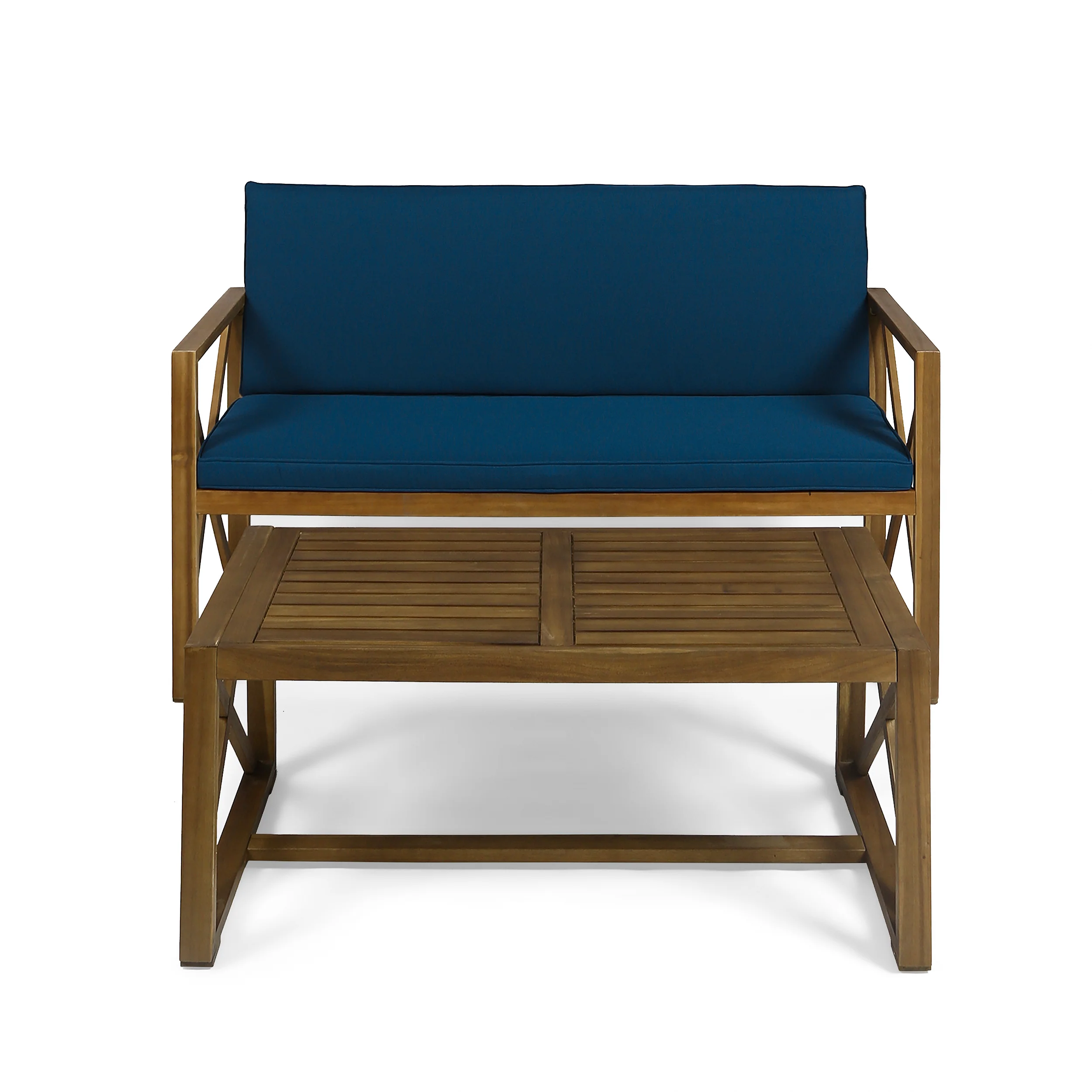 Hazel Outdoor Acacia Wood Loveseat with Coffee Table Set with Cushions - furnishings