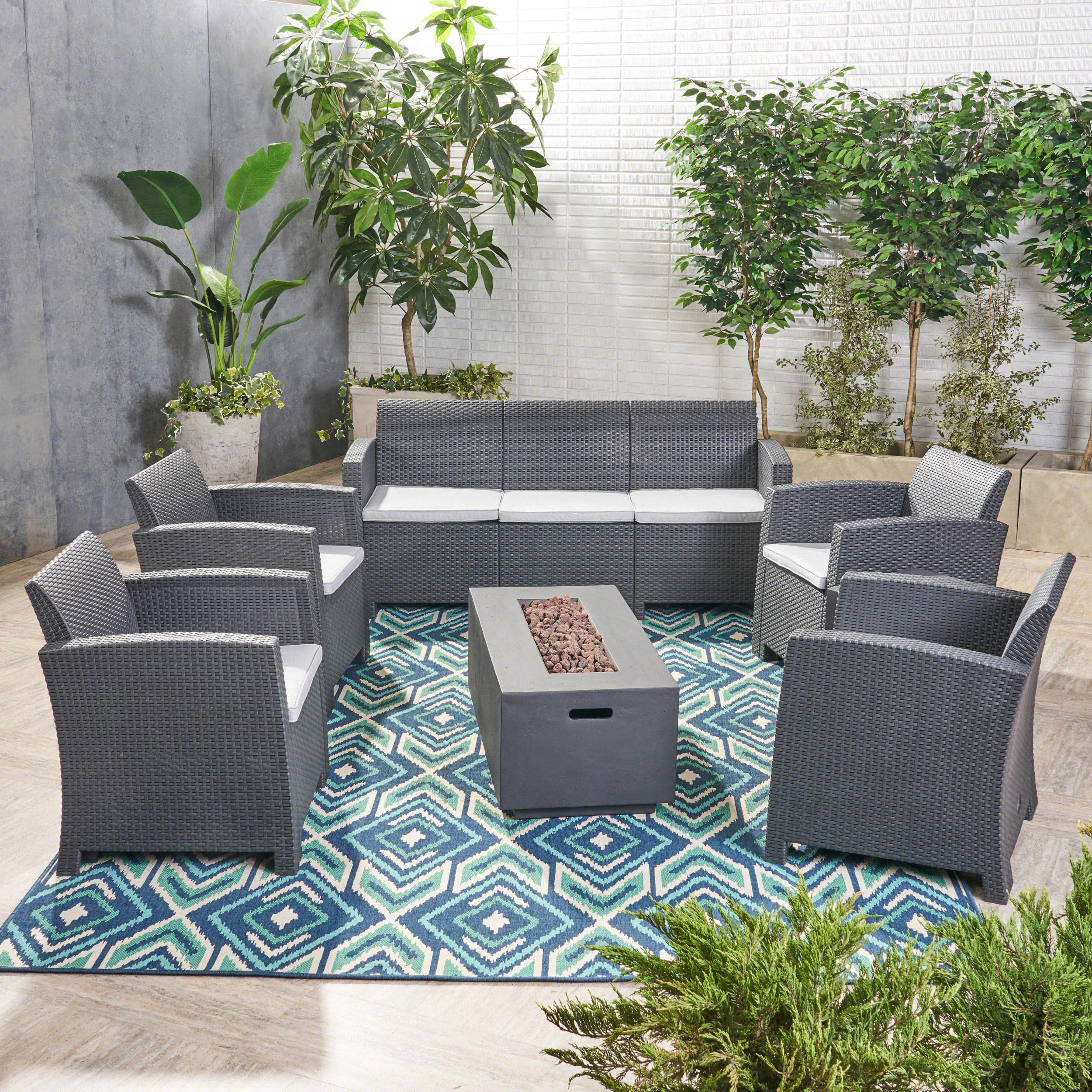 Clay Outdoor 7-Seater Wicker Print Chat Set with Fire Pit and Tank Holder - furnishings