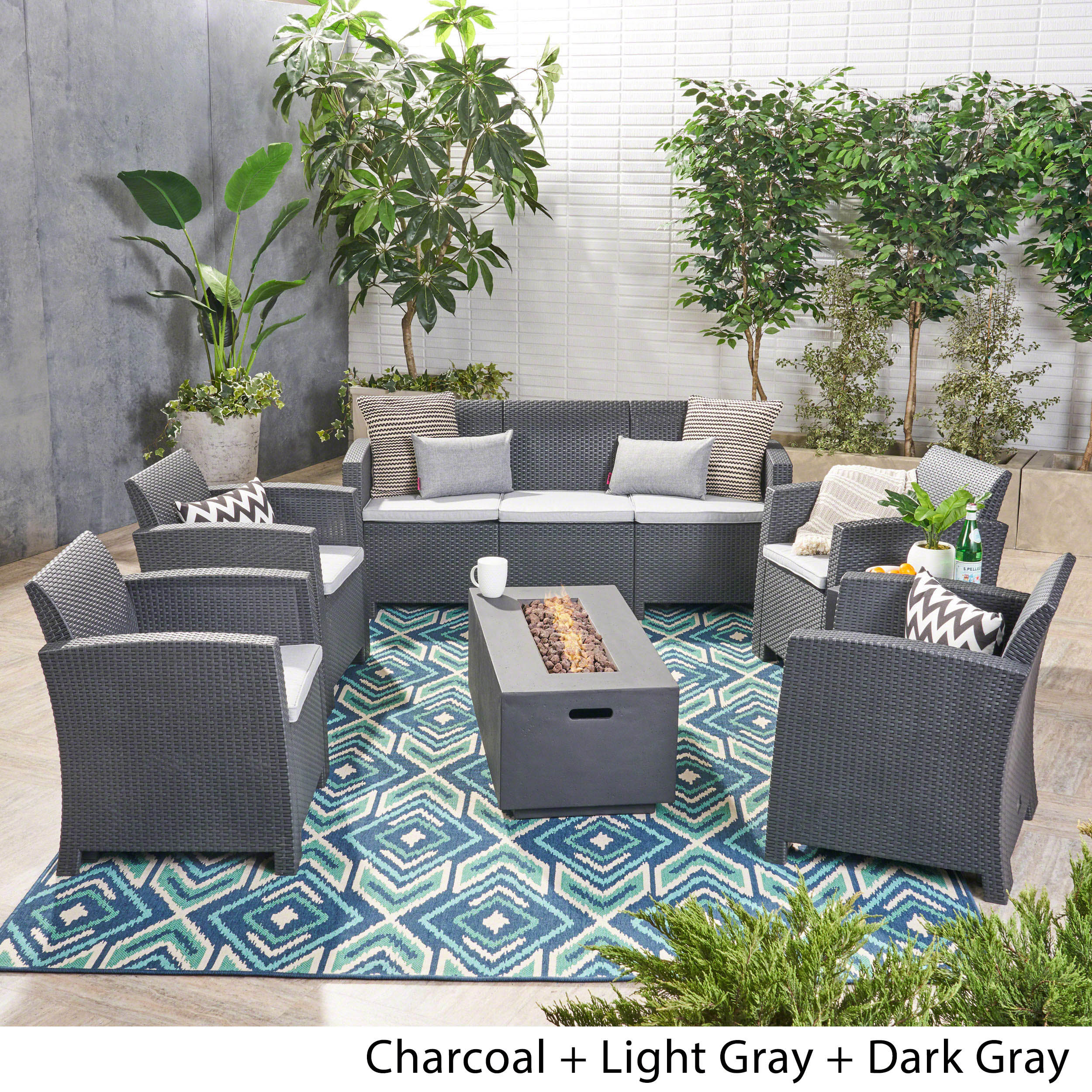 Clay Outdoor 7-Seater Wicker Print Chat Set with Fire Pit and Tank Holder - furnishings