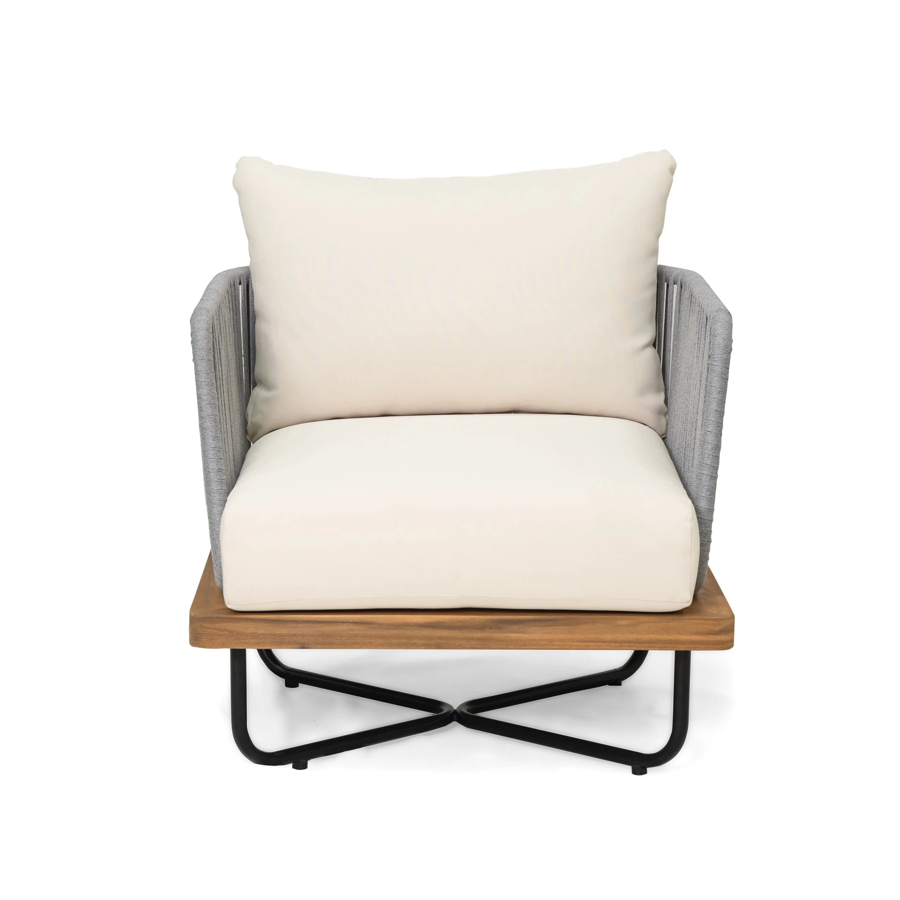 Caiuss Upholstered Outdoor Patio Acacia Wood Club Chair with Iron Base - furnishings