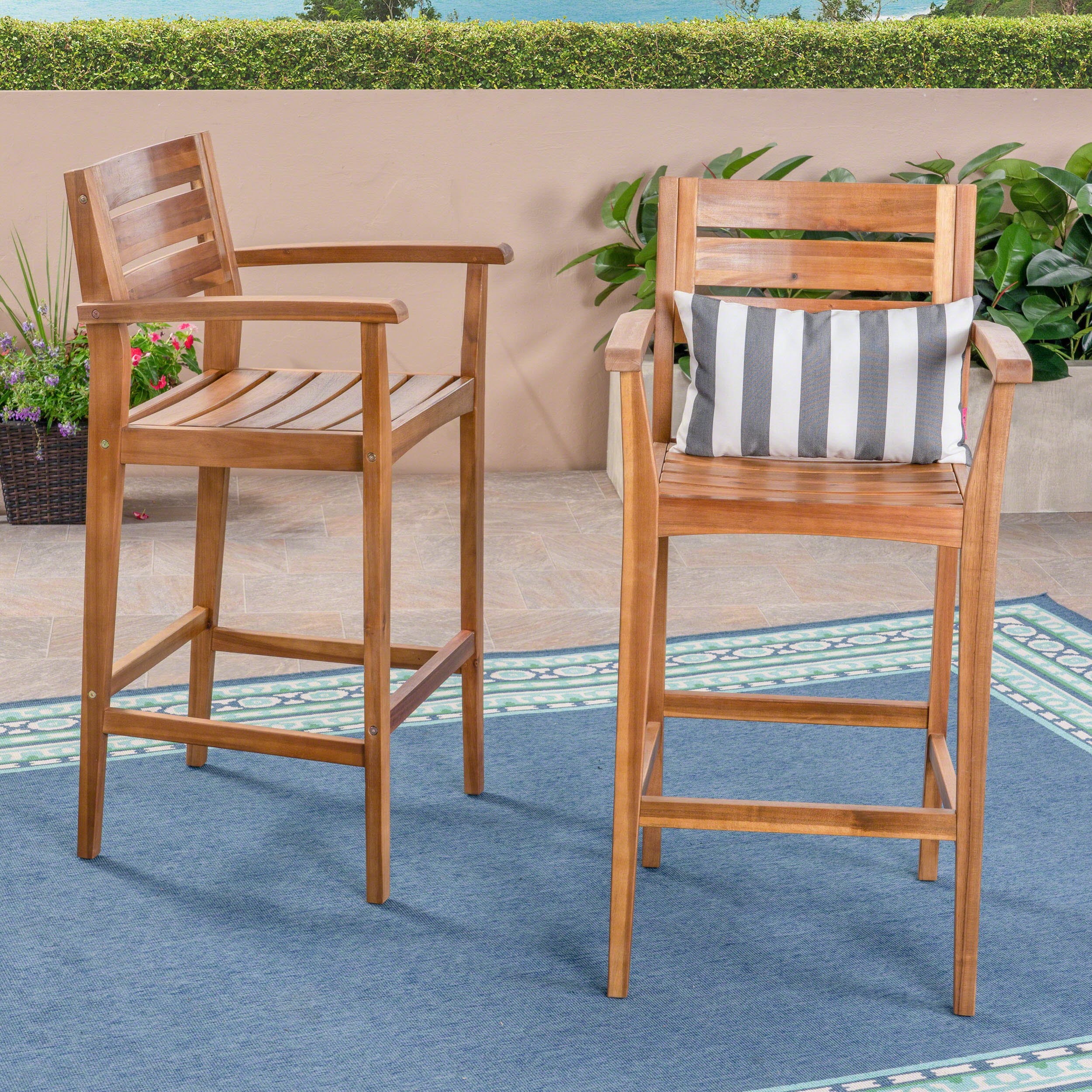 Lera Outdoor Rustic Acacia Wood Barstool (Set of 2) - furnishings