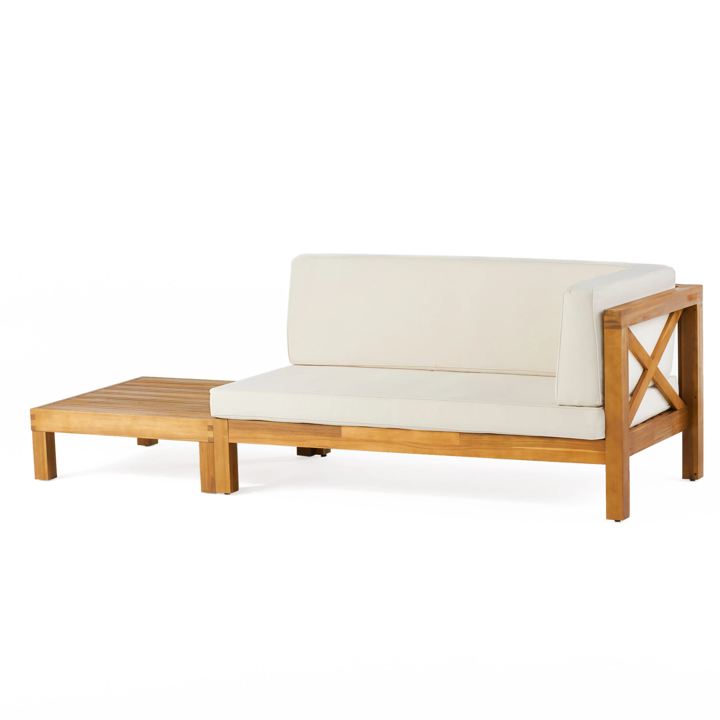 Keith Outdoor Acacia Wood Right Arm Loveseat and Coffee Table Set with Cushion - furnishings