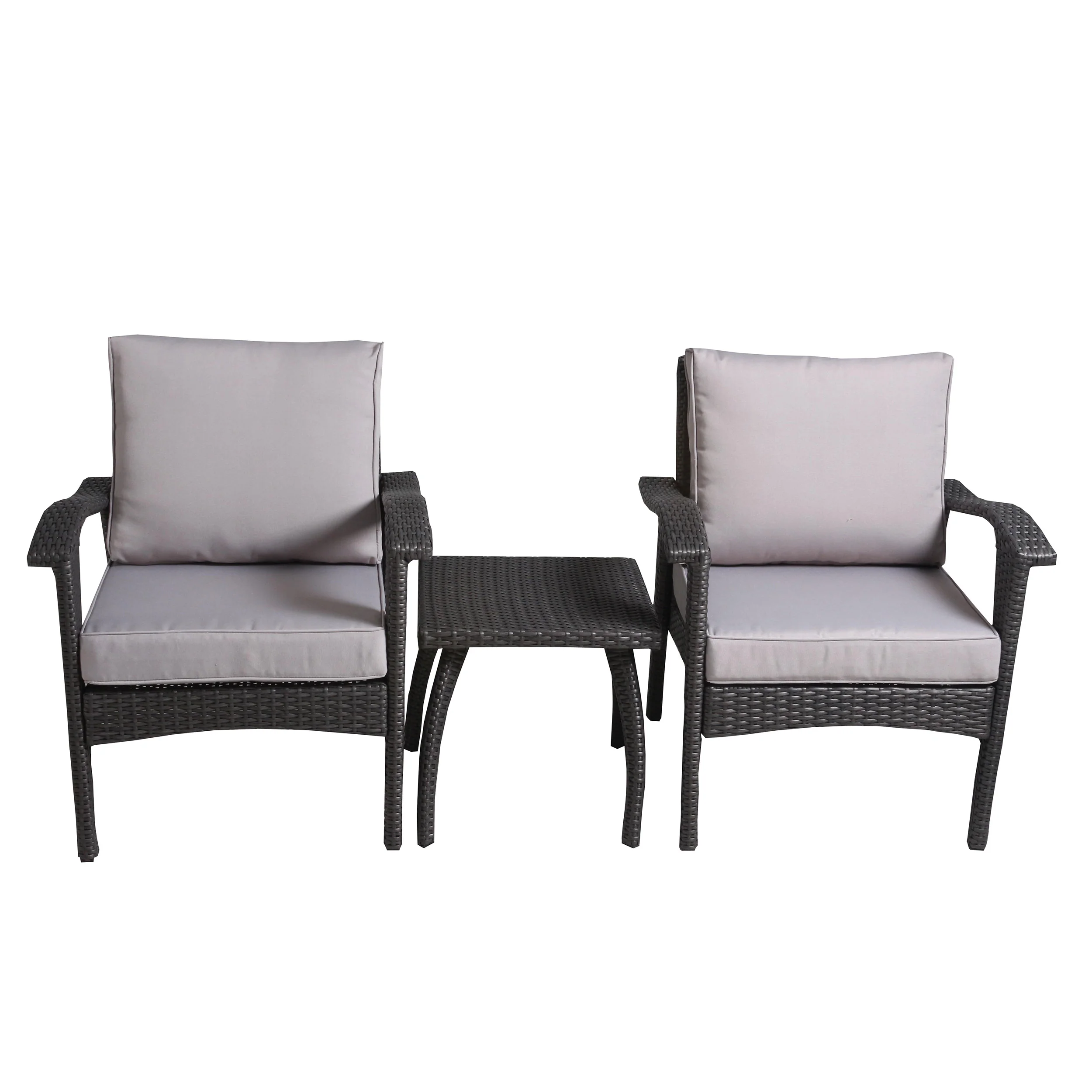 Outdoor 3-Piece Gray Wicker Chat Set with Silver Cushions - furnishings