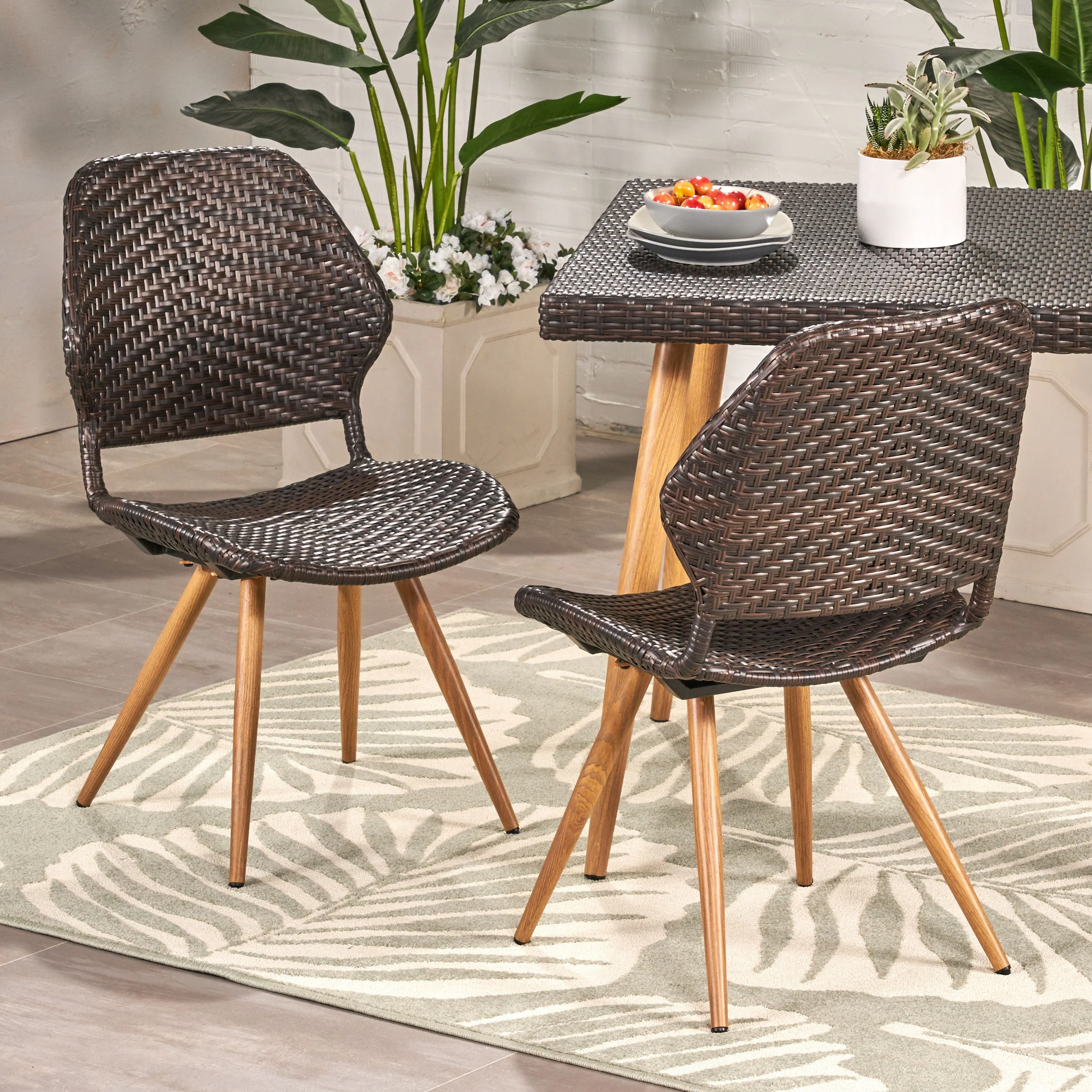 Amaya Outdoor Multi-brown Wicker Dining Chairs with Brown Wood Finish Metal Legs (Set of 2) - furnishings