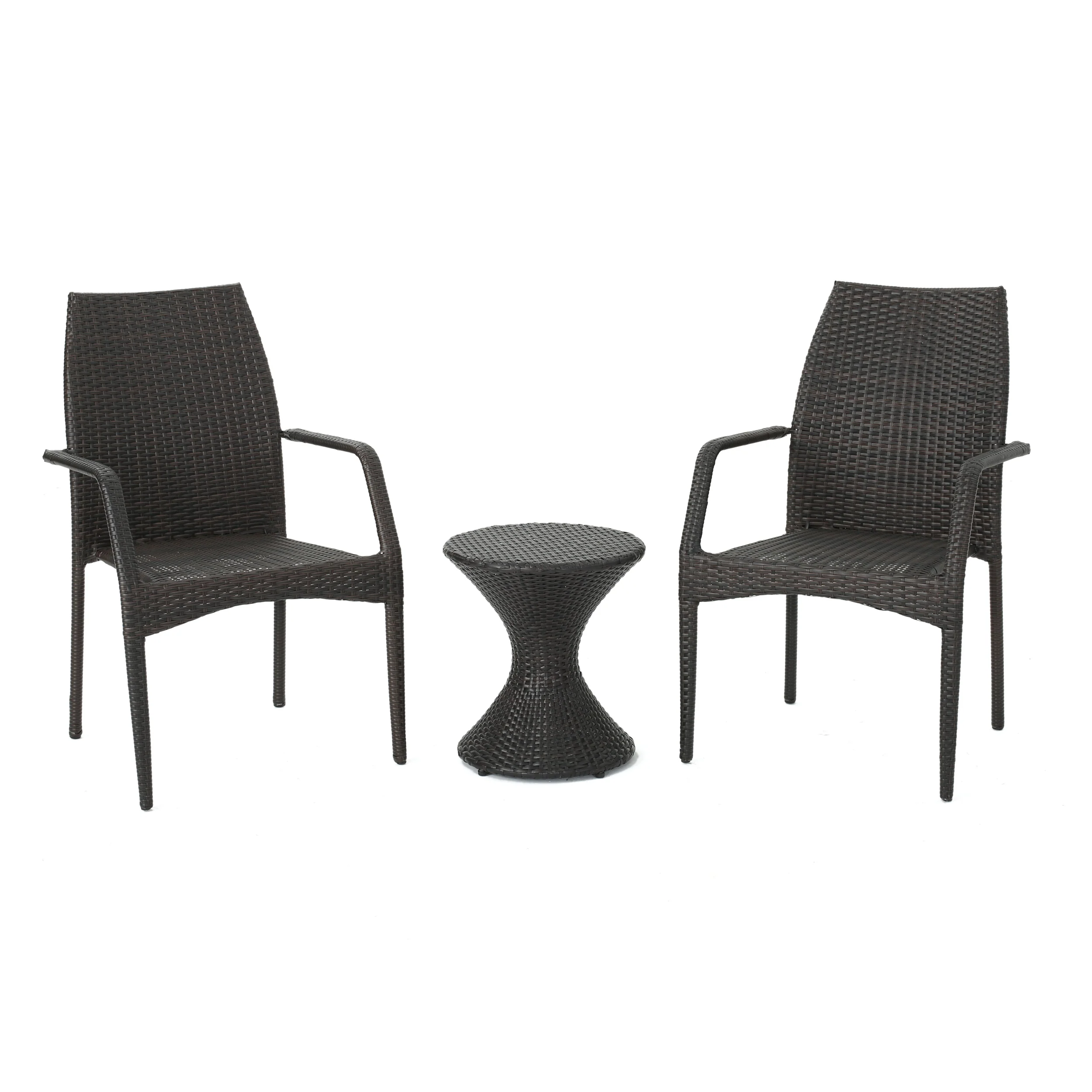 Landing Outdoor 3 Piece Multi-Brown Wicker Chat Set with Stacking Chairs - furnishings