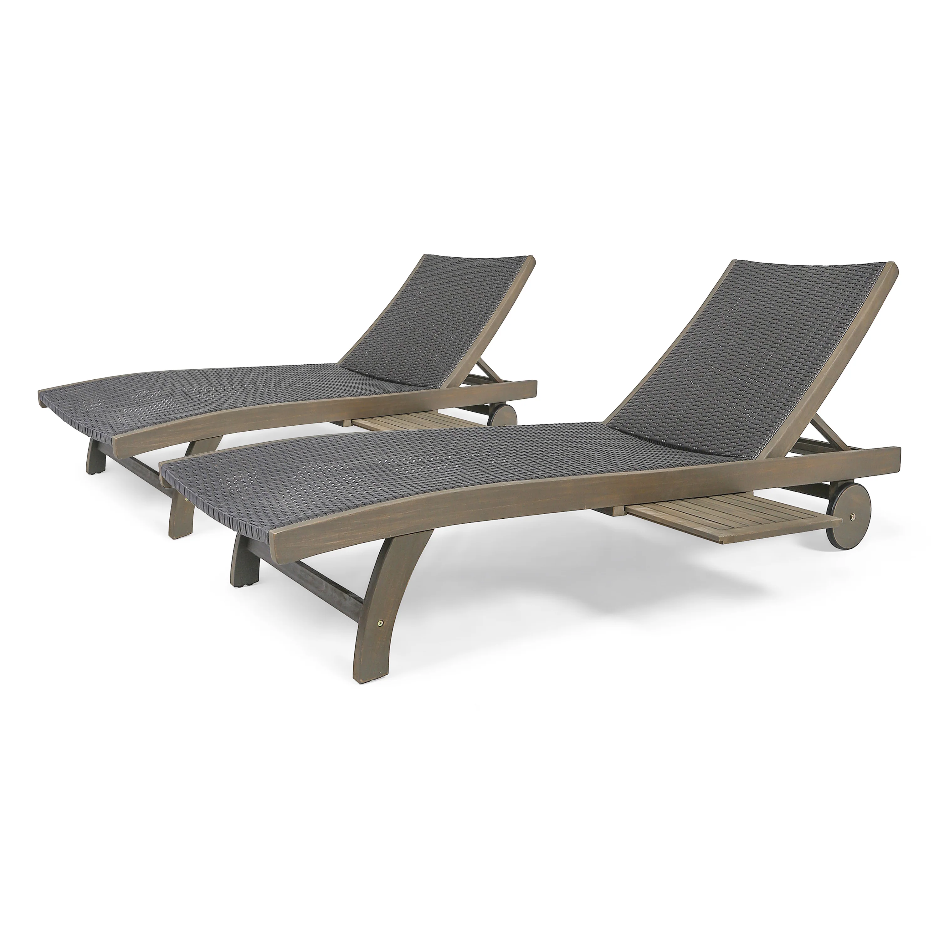 Yedda Outdoor Wicker and Wood Chaise Lounge with Pull-Out Tray - furnishings