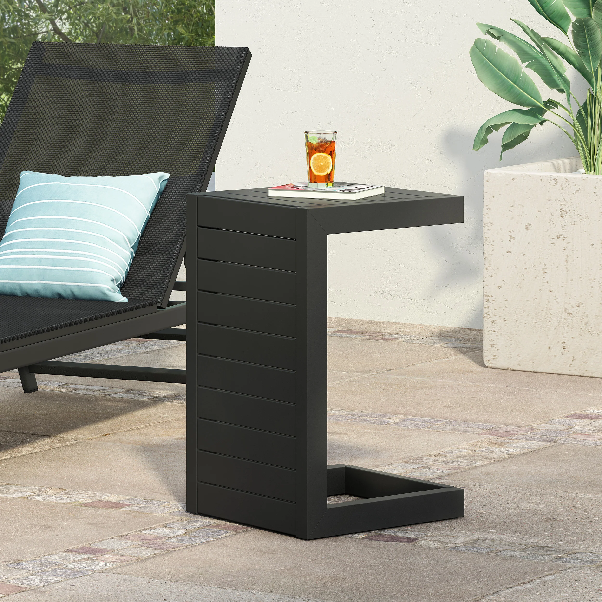 Cherie Outdoor Modern Aluminum C-Shaped End Table - furnishings