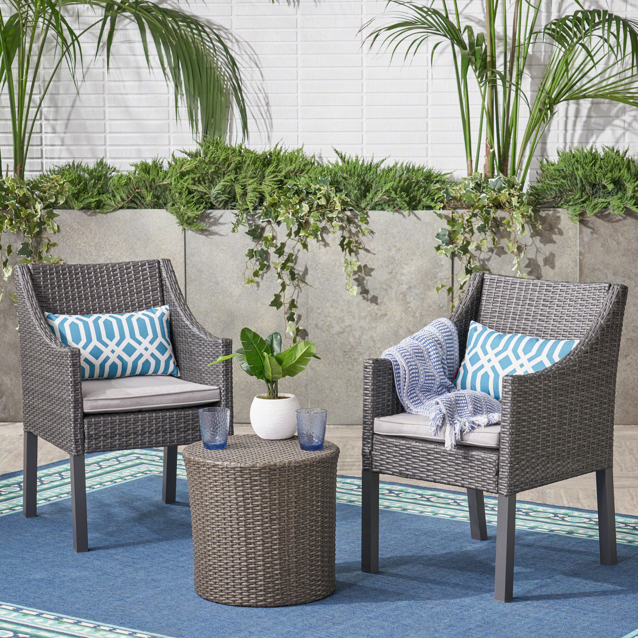 Sims Outdoor 3 Piece Wicker Chat Set, Grey with Silver Cushions - furnishings