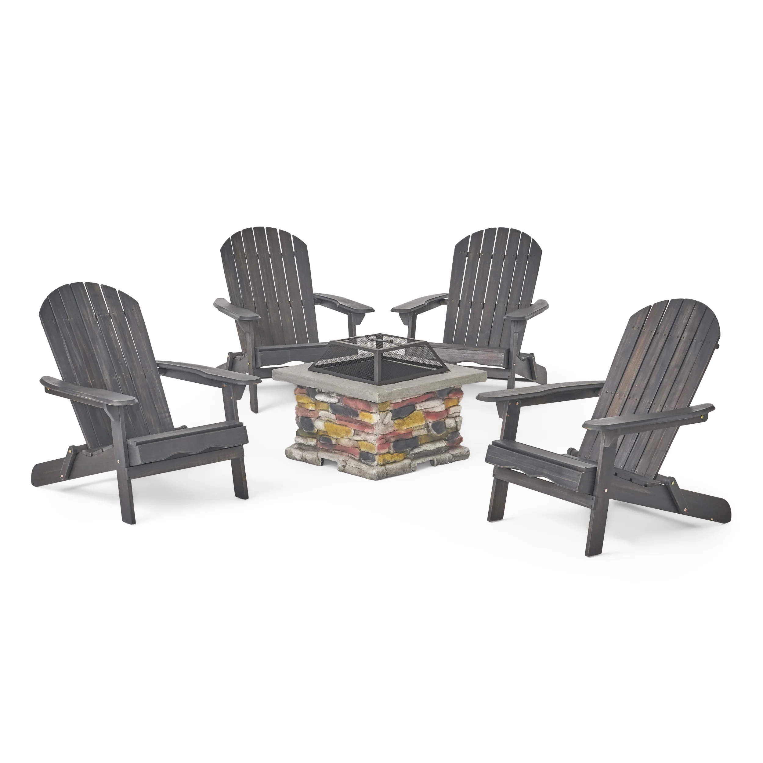 Benson Outdoor 5 Piece Acacia Wood/ Light Weight Concrete Adirondack Chair Set with Fire Pit - furnishings