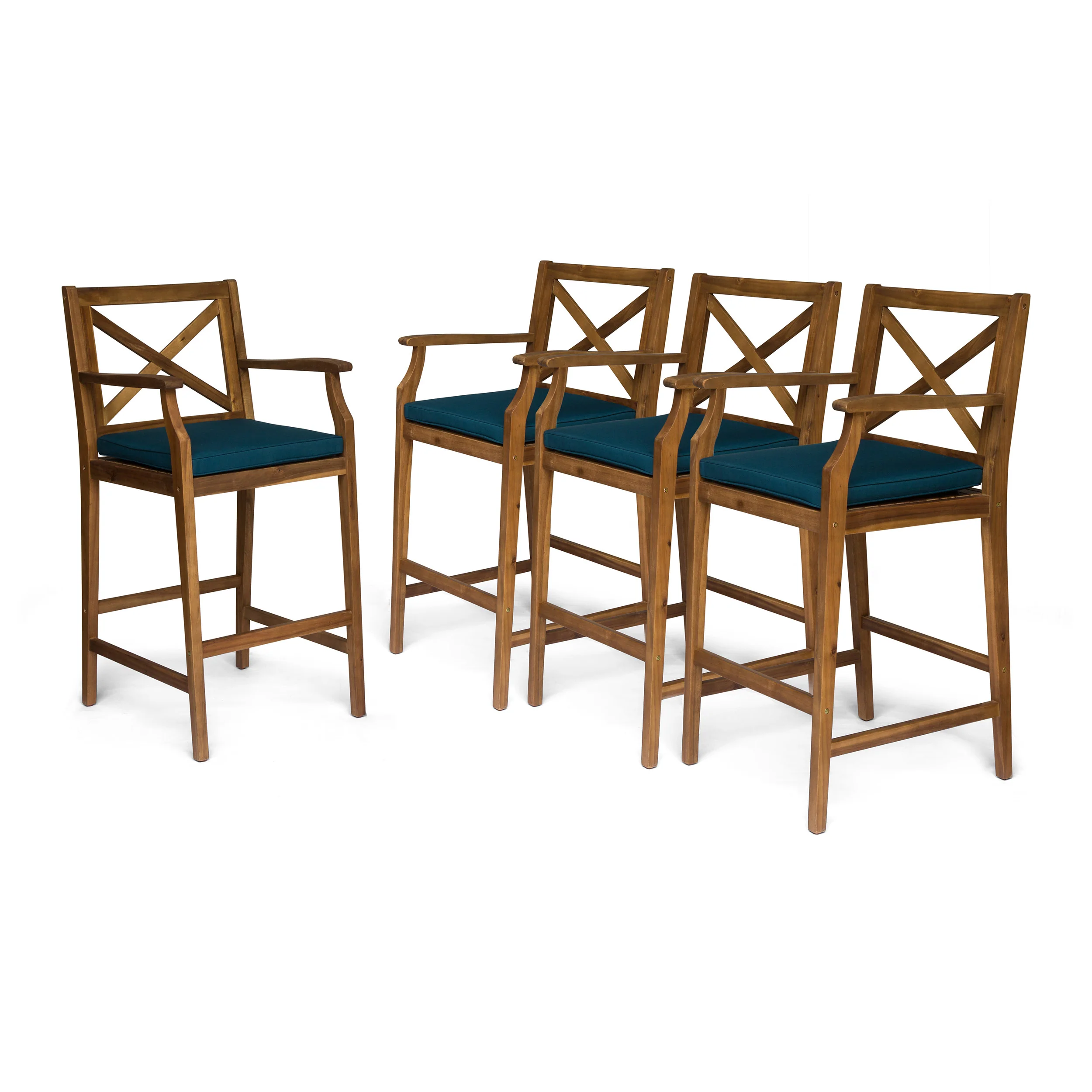 Doric Outdoor Rustic Acacia Wood Barstools with Cushions (Set of 4) - furnishings