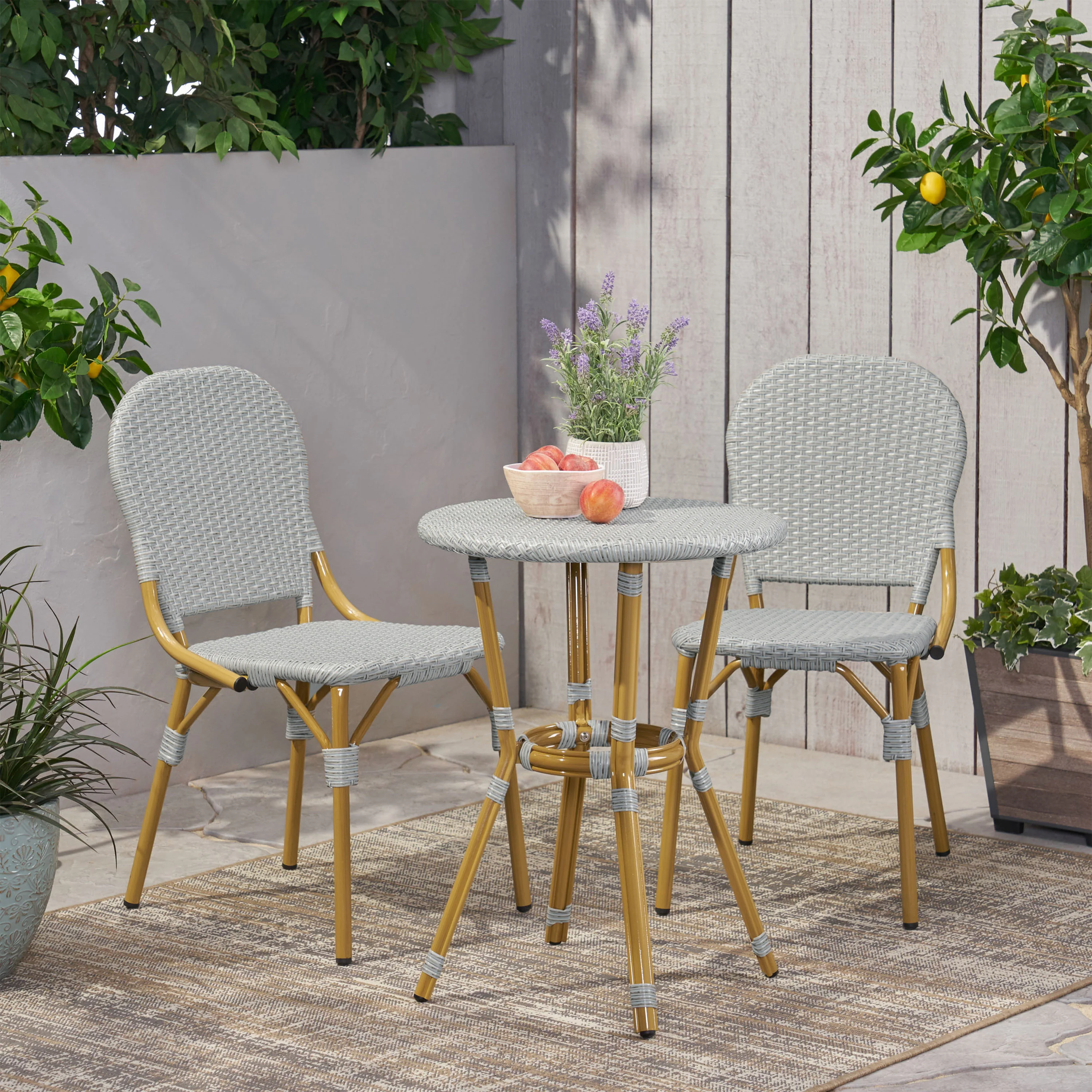 Gallia Outdoor Aluminum French Bistro Set, Gray and Bamboo Print - furnishings